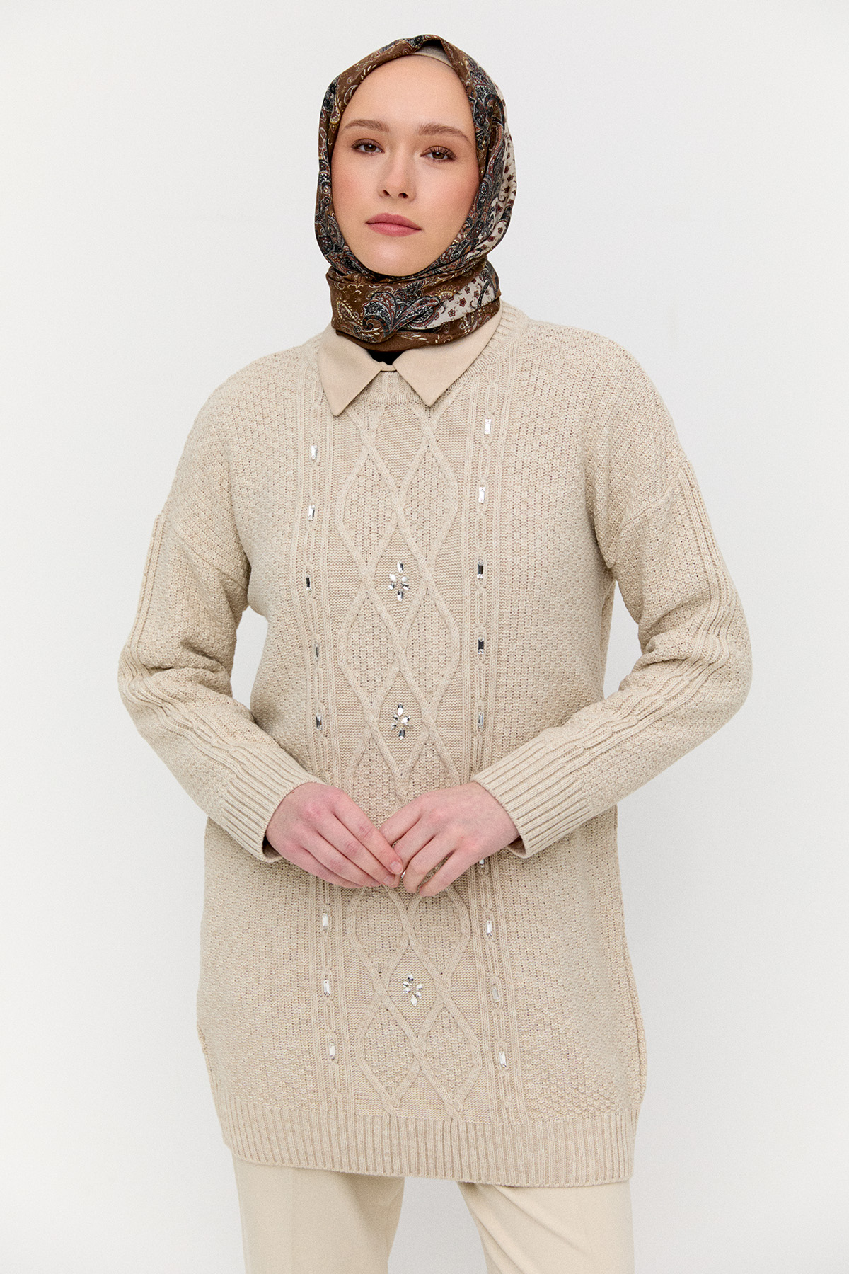 Taşlı Desenli Triko Tunik, Tesettür Giyim