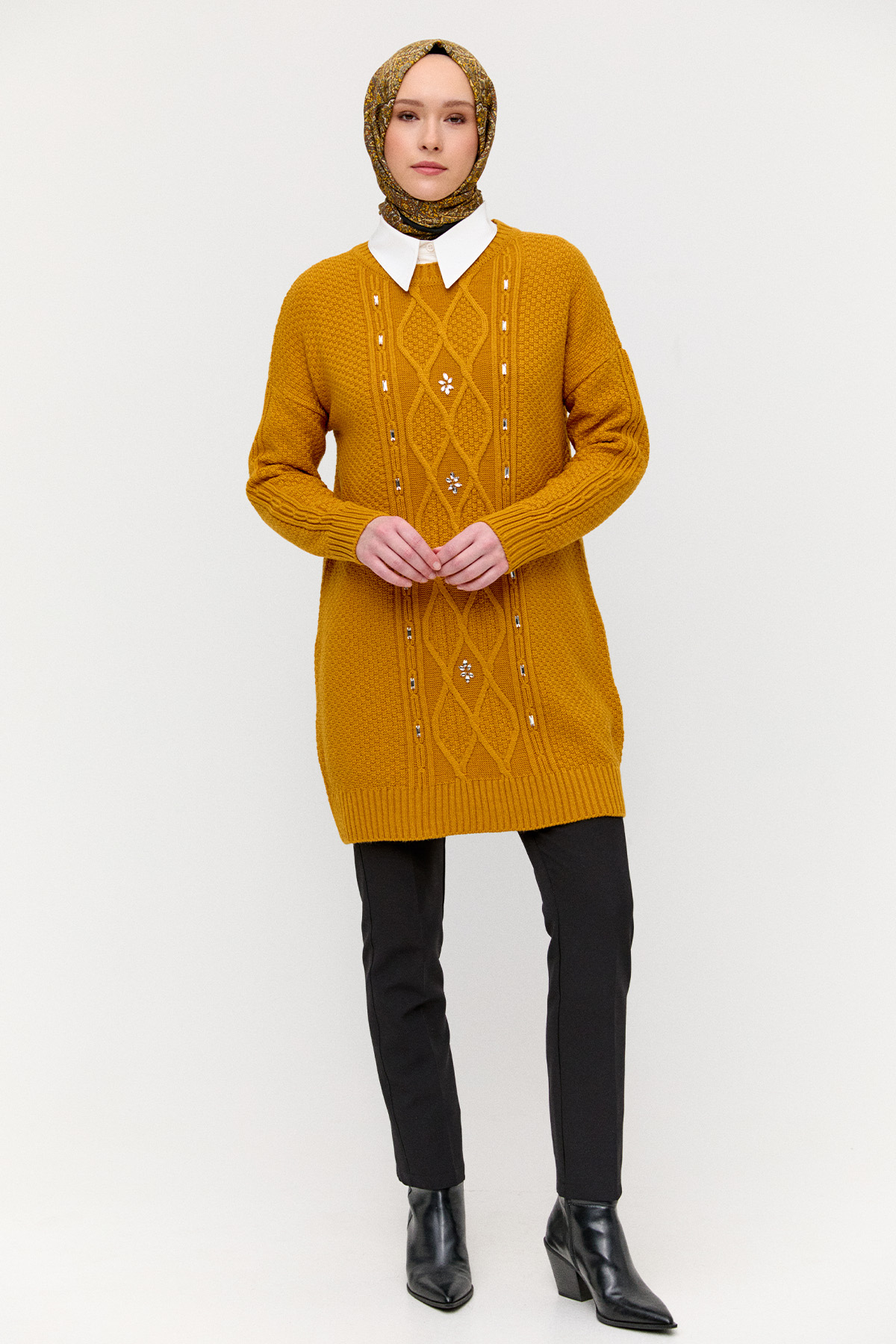 Taşlı Desenli Triko Tunik, Tesettür Giyim