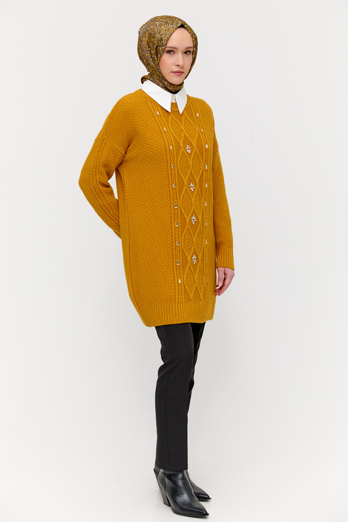 Taşlı Desenli Triko Tunik, Tesettür Giyim