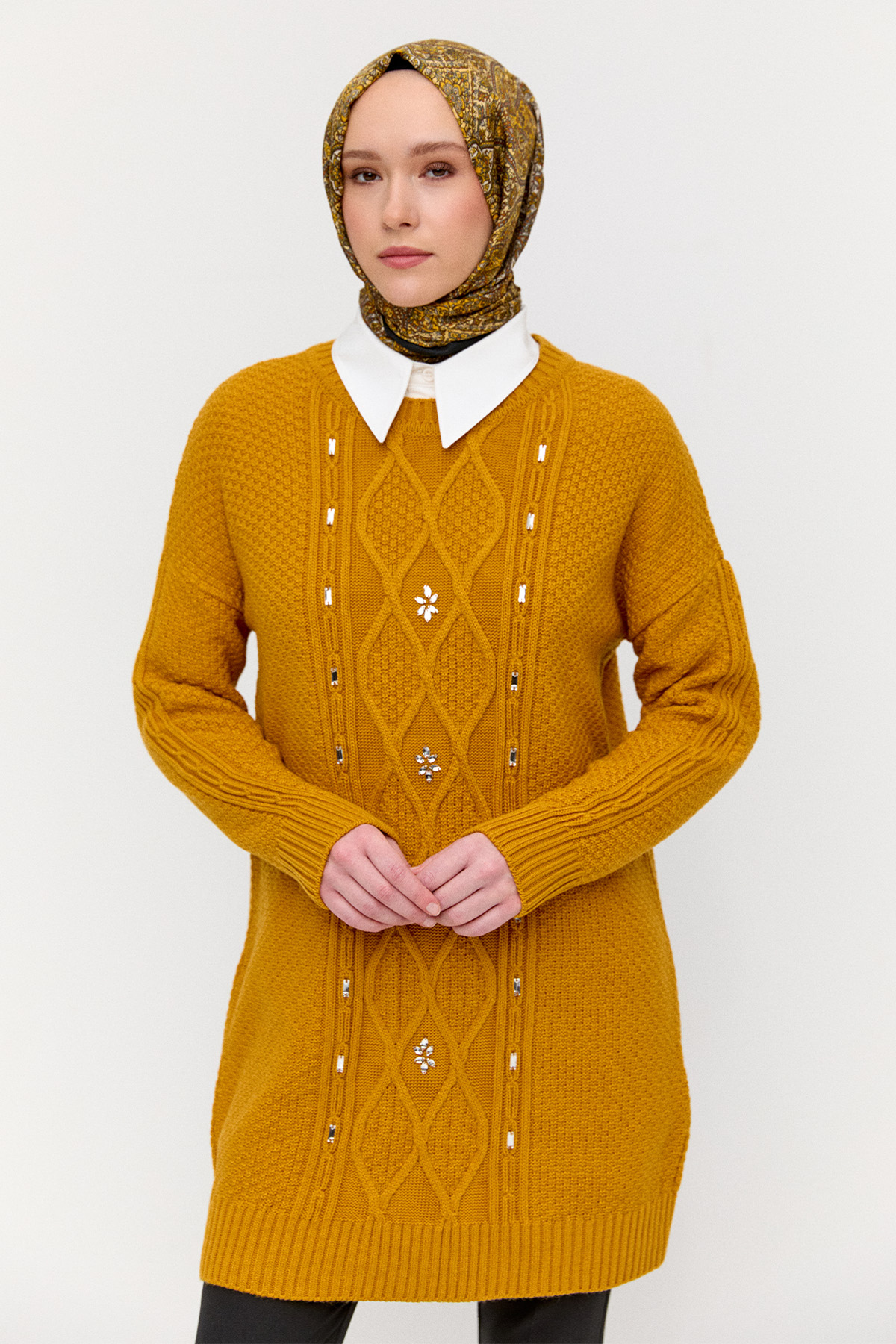 Taşlı Desenli Triko Tunik, Tesettür Giyim