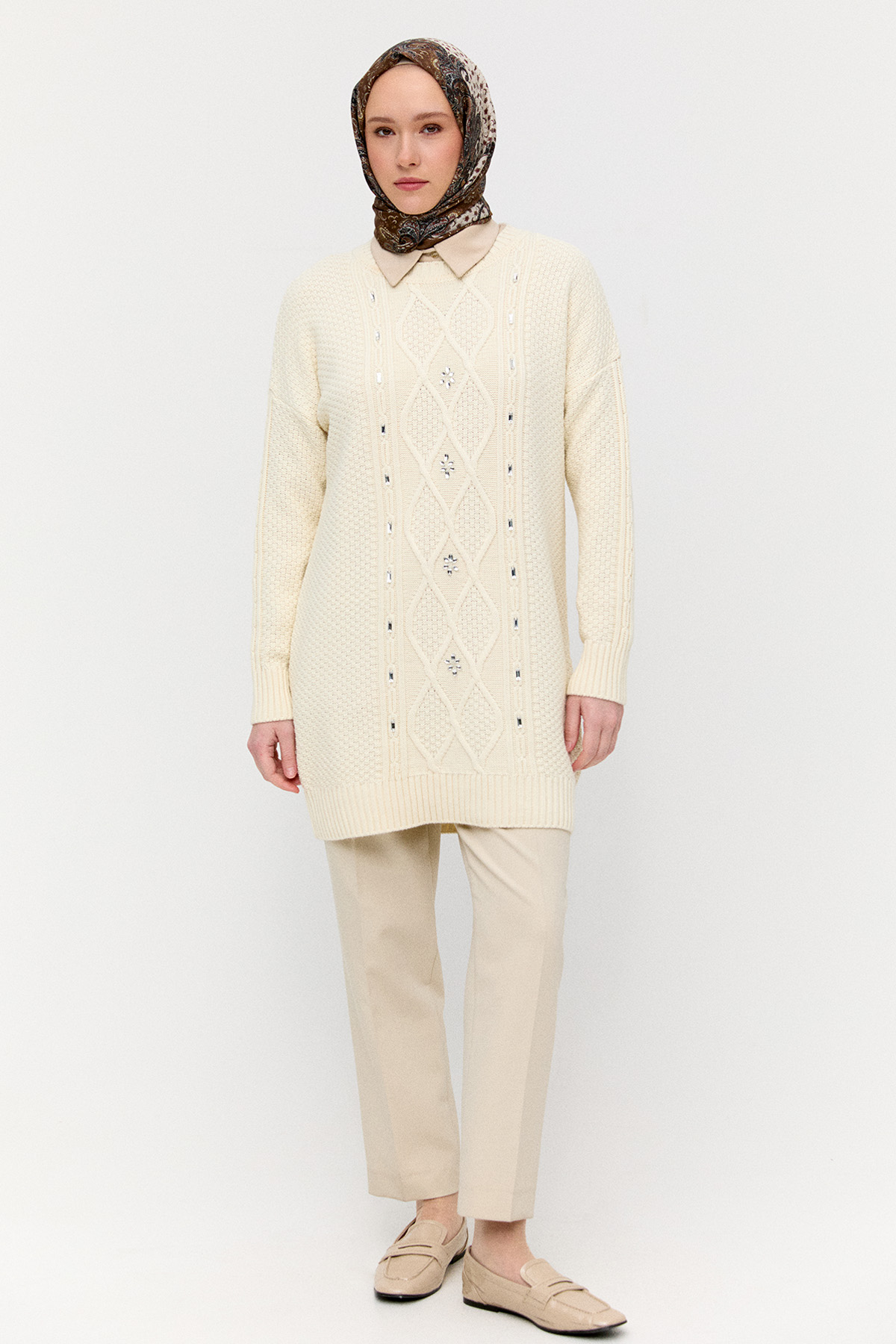 Taşlı Desenli Triko Tunik, Tesettür Giyim