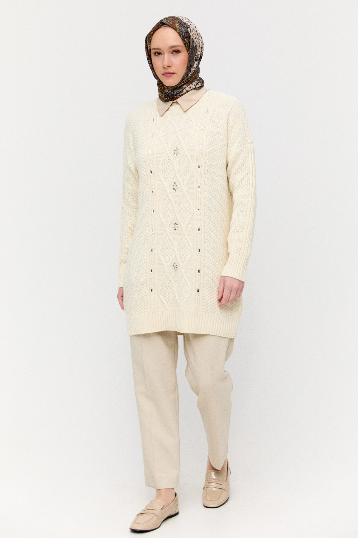 Taşlı Desenli Triko Tunik, Tesettür Giyim