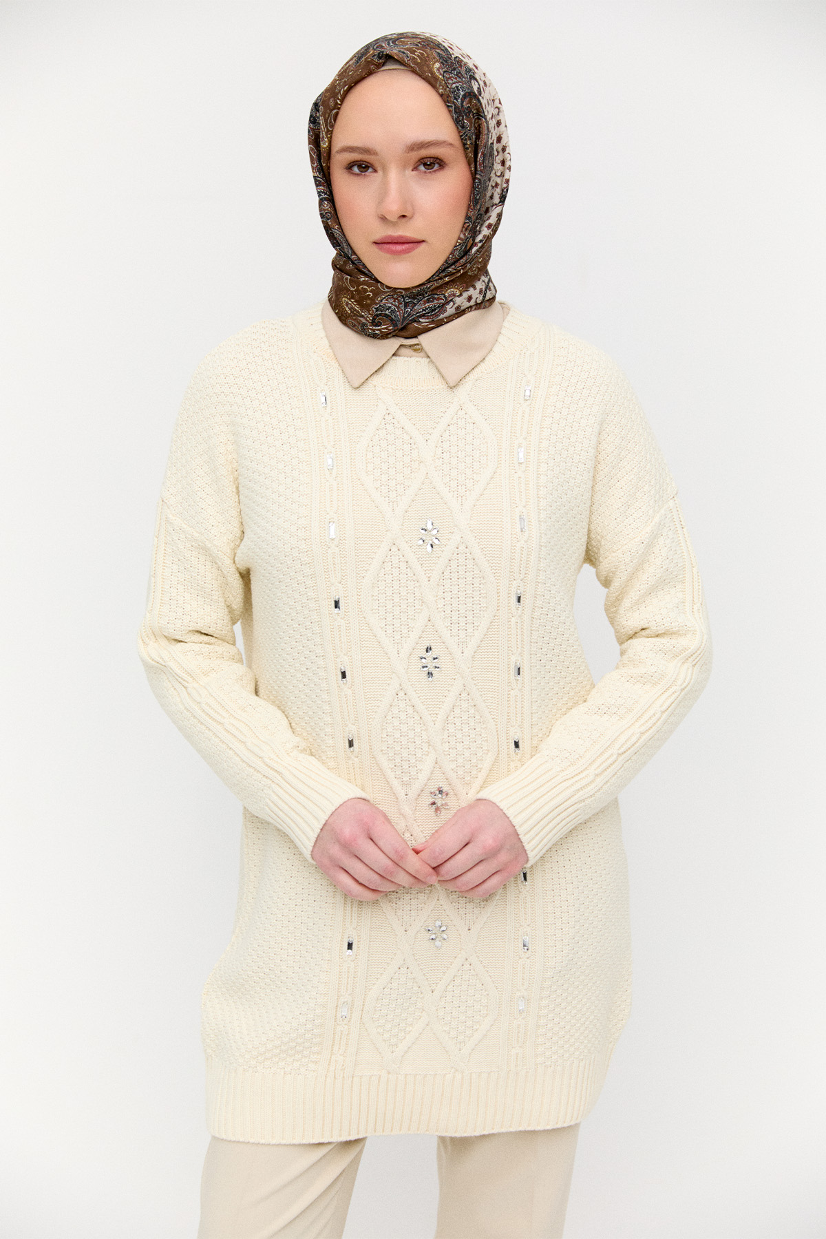 Taşlı Desenli Triko Tunik, Tesettür Giyim