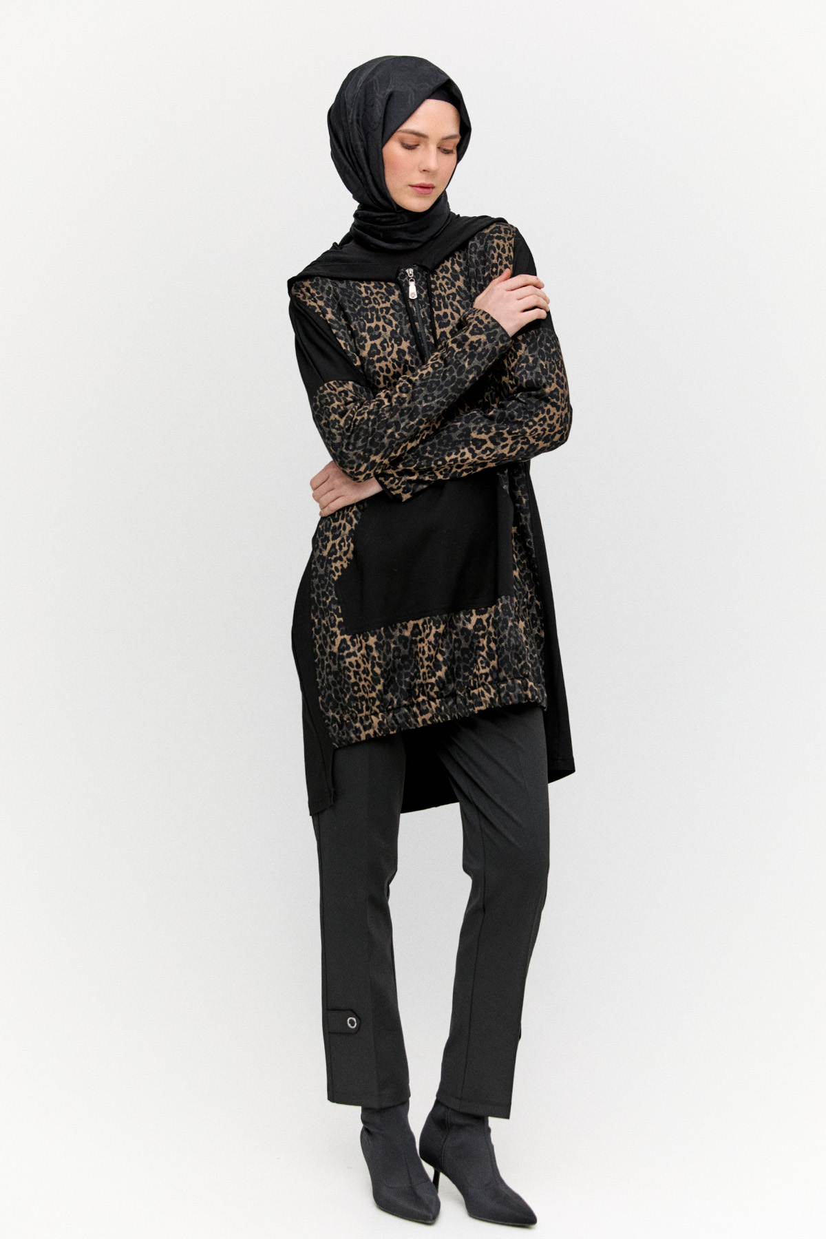 Leopar Desenli Kanguru Cepli Tunik, Tesettür Giyim