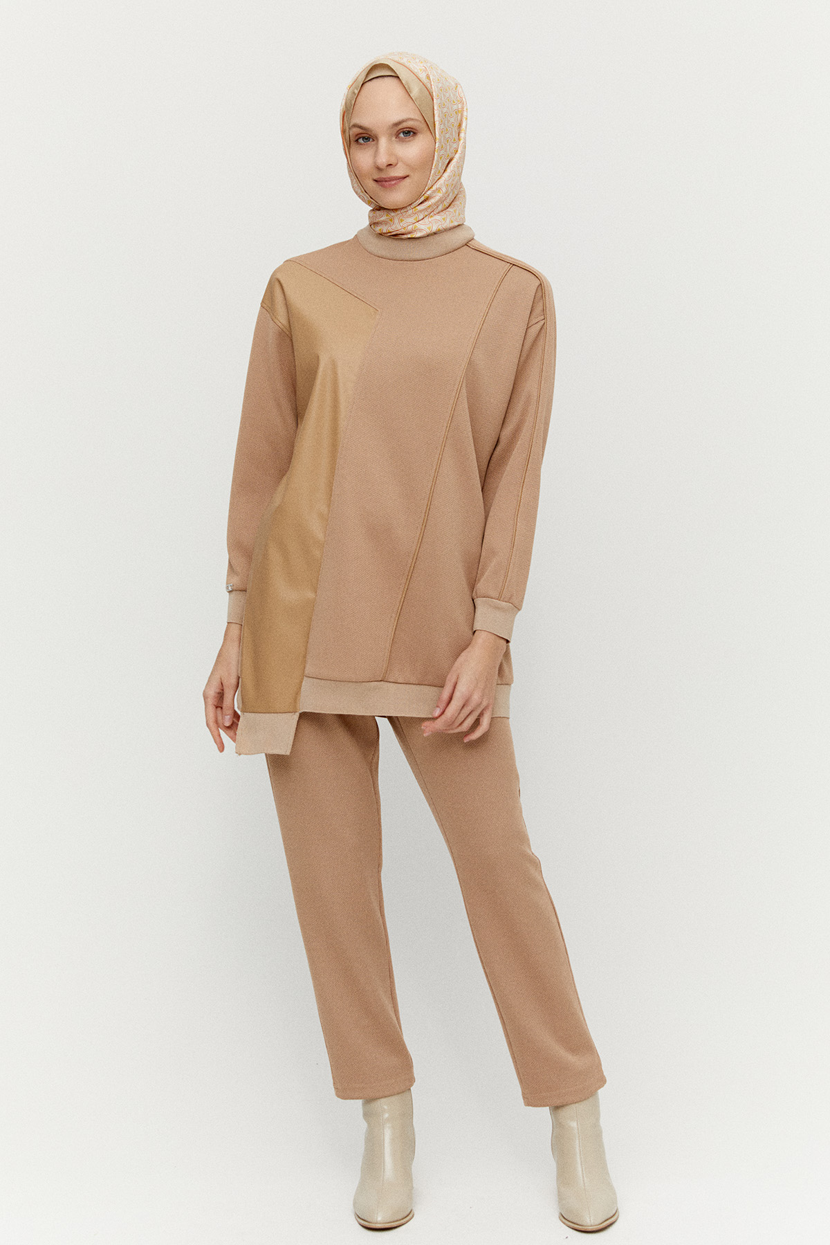 Suni Deri Kombinli Asimetrik Örme Tunik