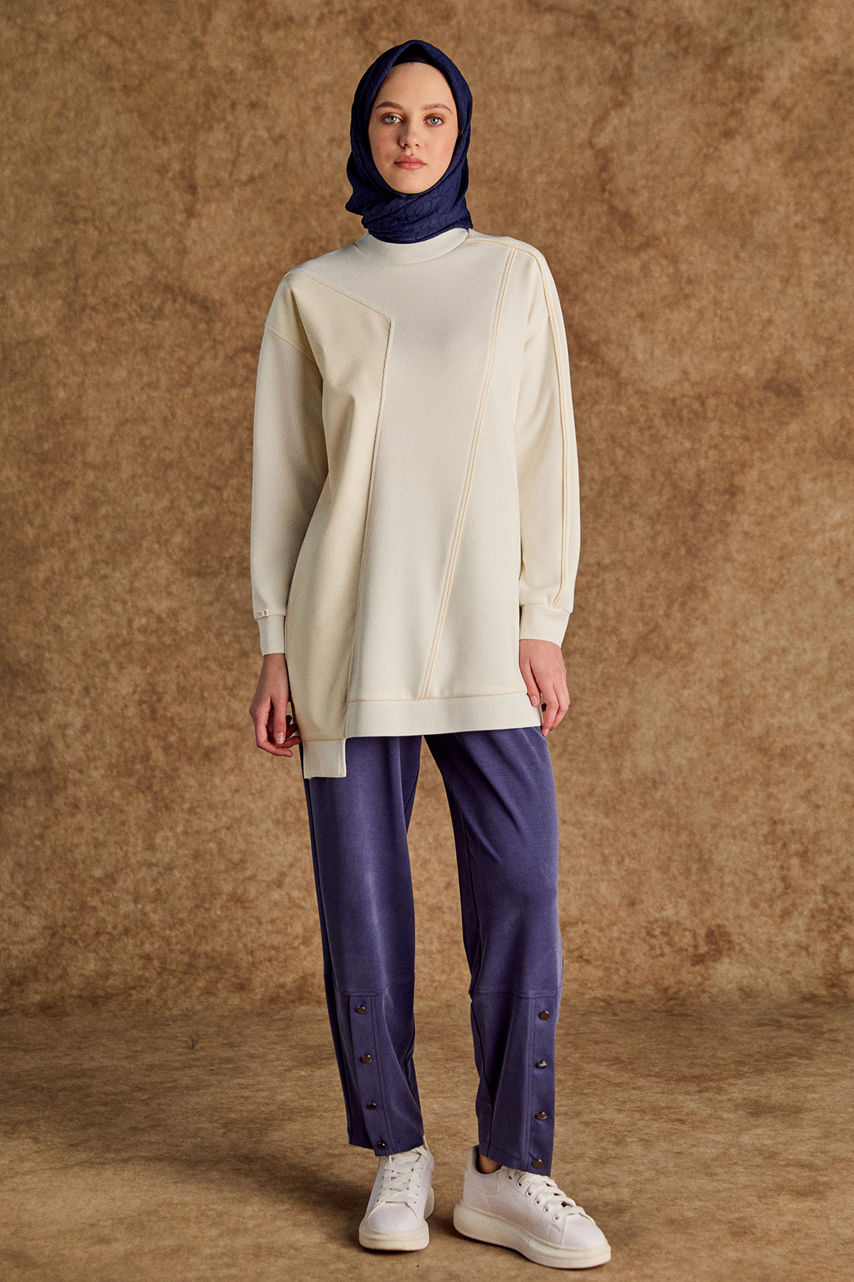 Suni Deri Kombinli Asimetrik Örme Tunik