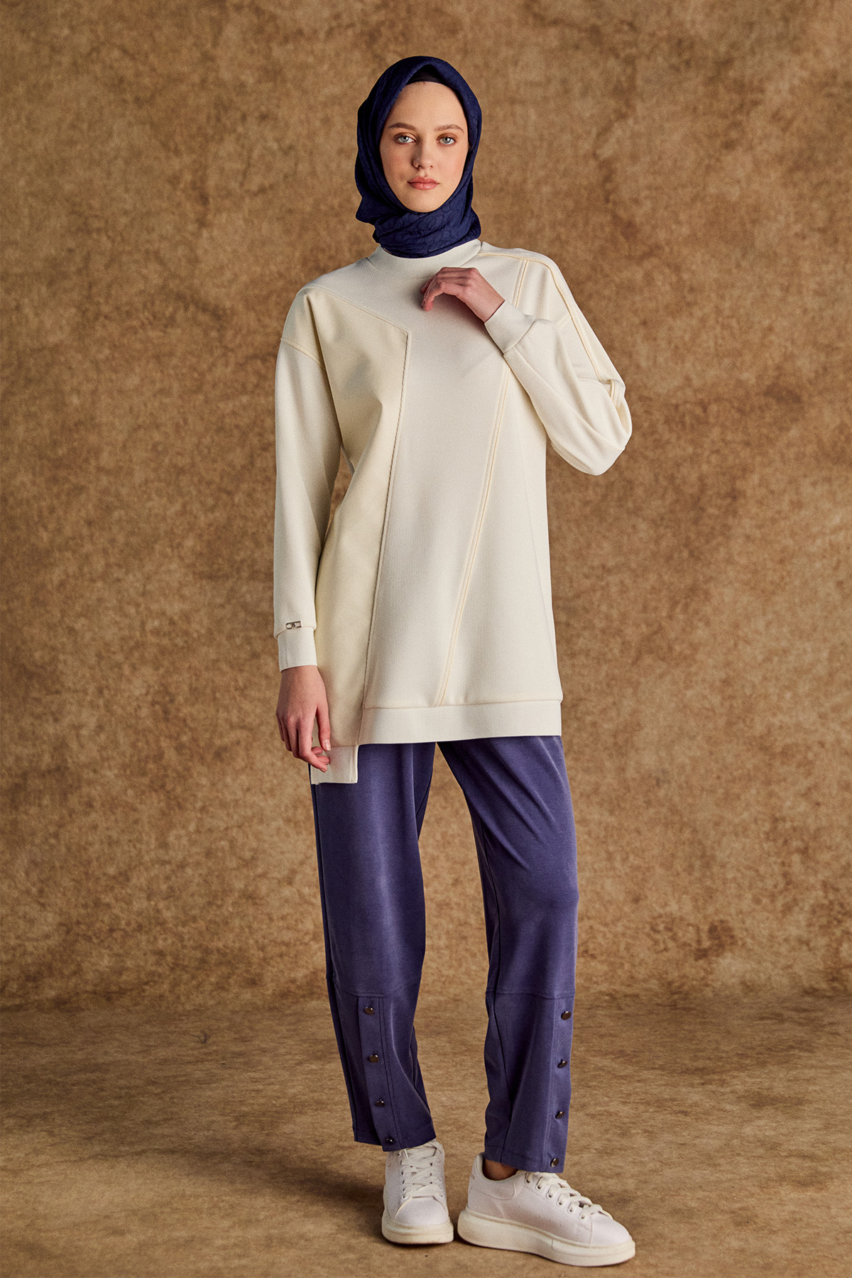 Suni Deri Kombinli Asimetrik Örme Tunik