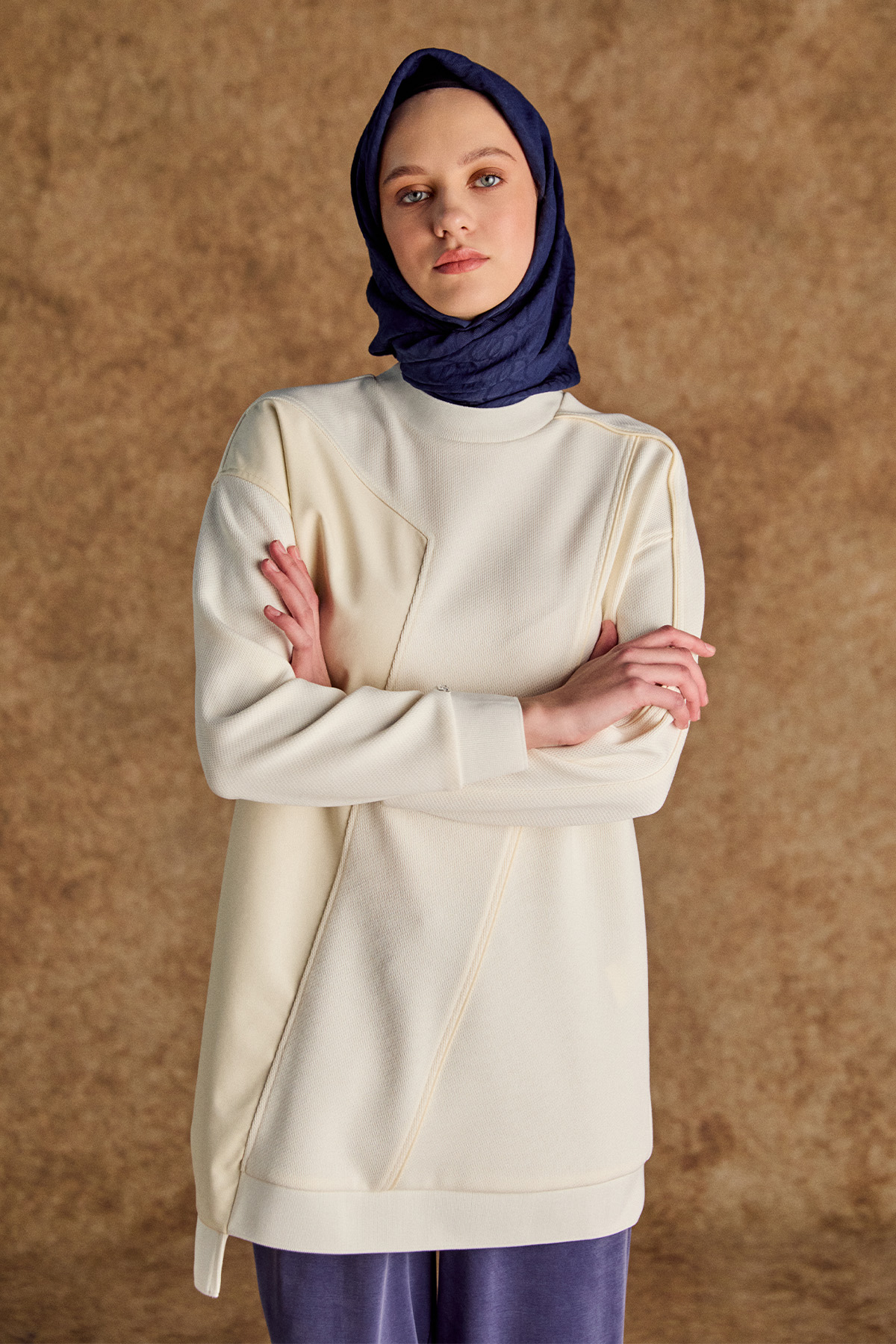 Suni Deri Kombinli Asimetrik Örme Tunik