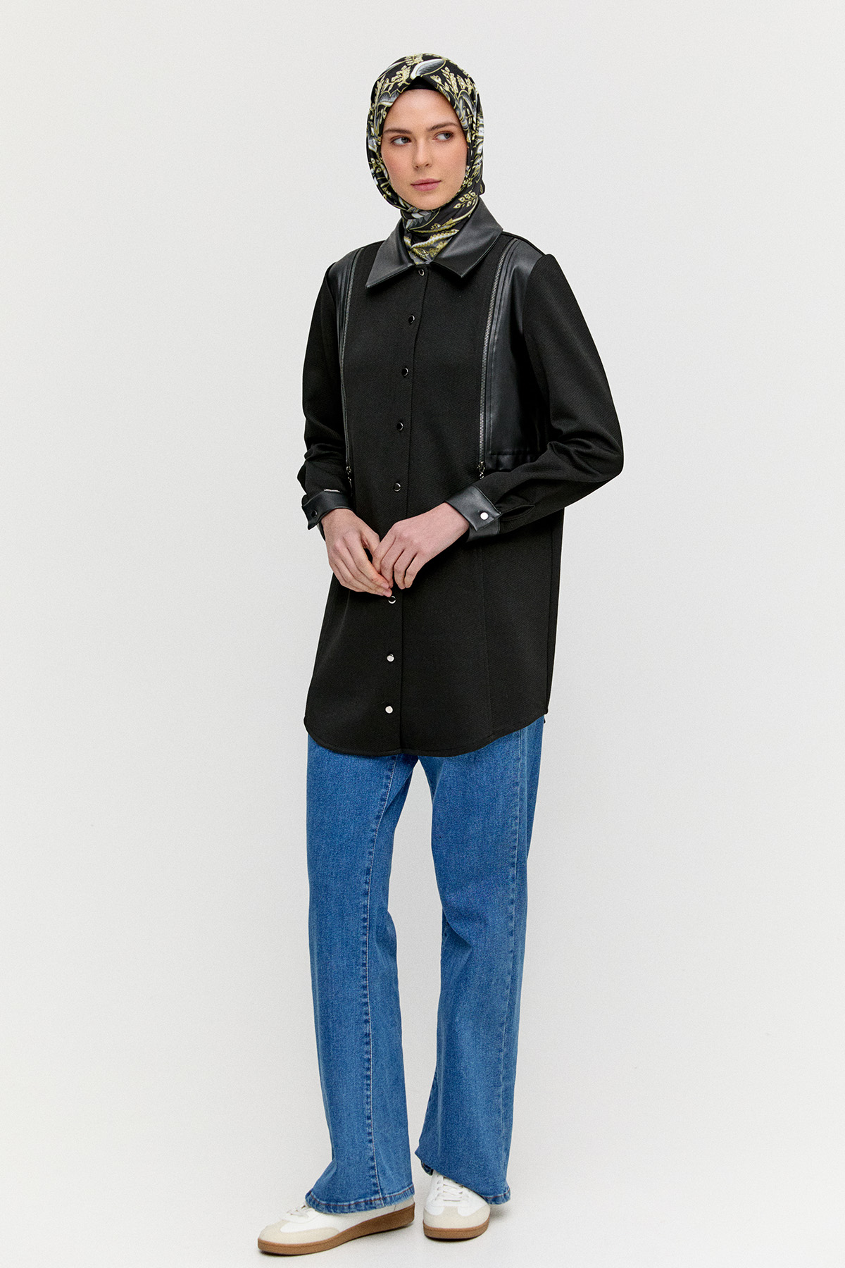 Suni Deri Detaylı Örme Tunik, Tesettür Giyim