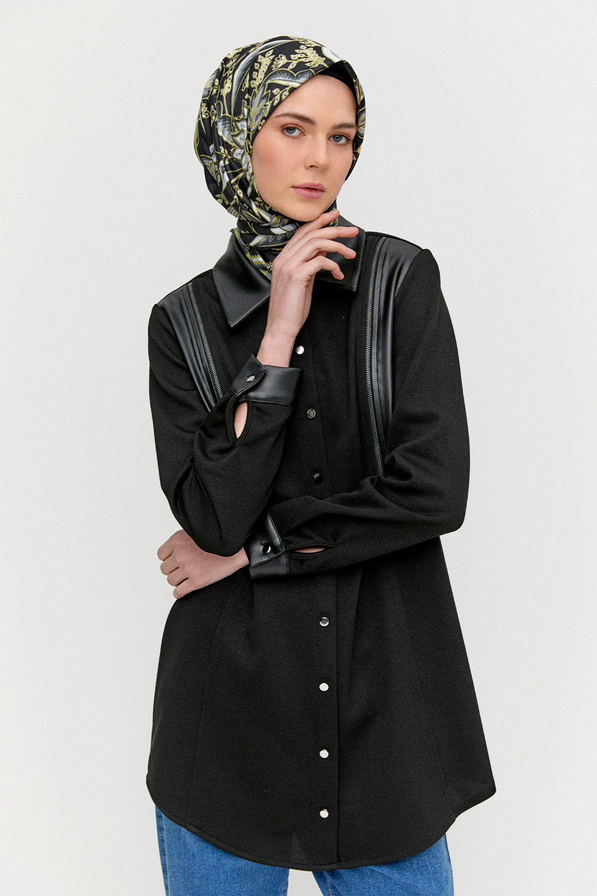 Suni Deri Detaylı Örme Tunik, Tesettür Giyim