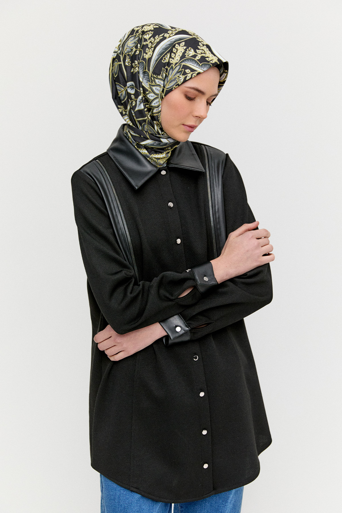 Suni Deri Detaylı Örme Tunik, Tesettür Giyim