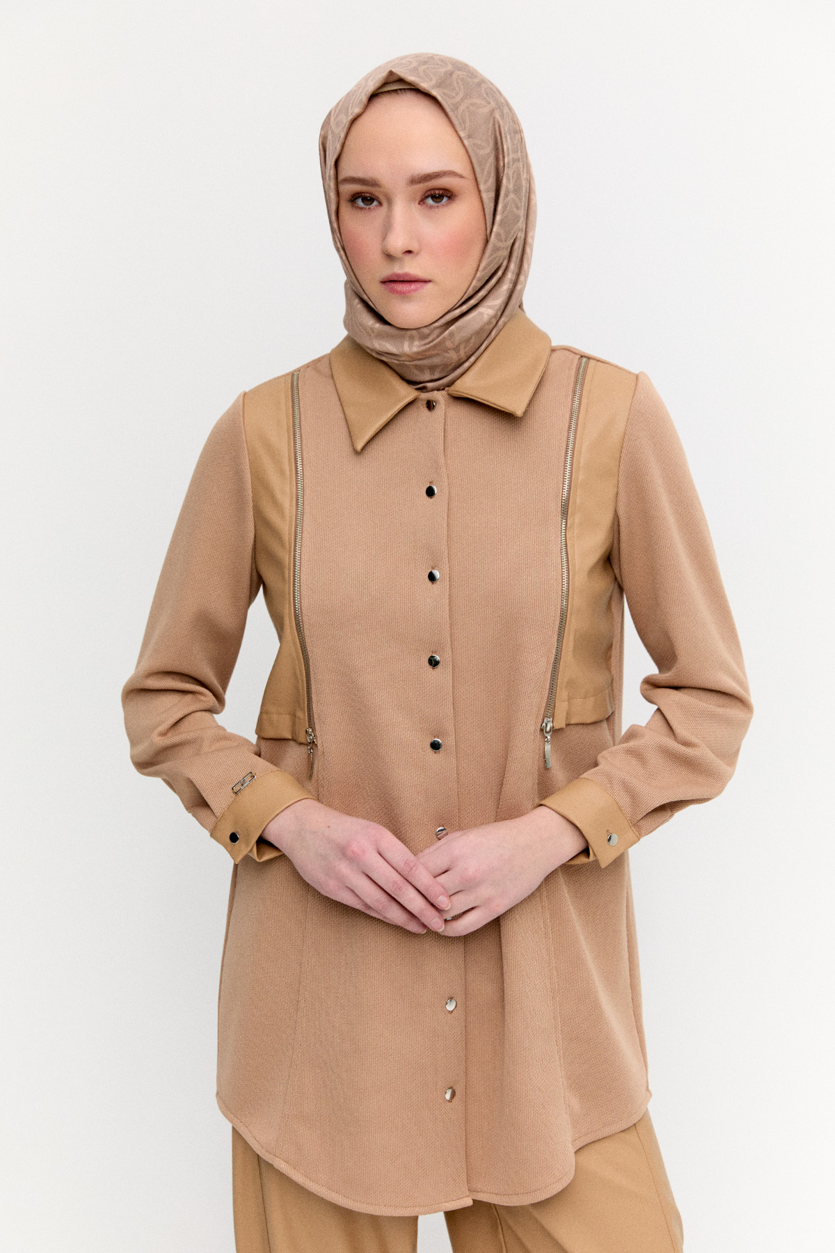 Suni Deri Detaylı Örme Tunik, Tesettür Giyim