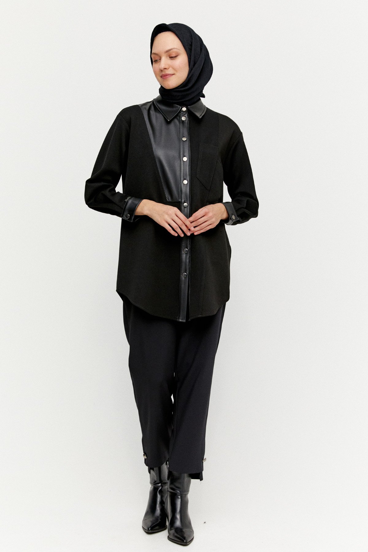 Deri Kombinli Örme Tunik