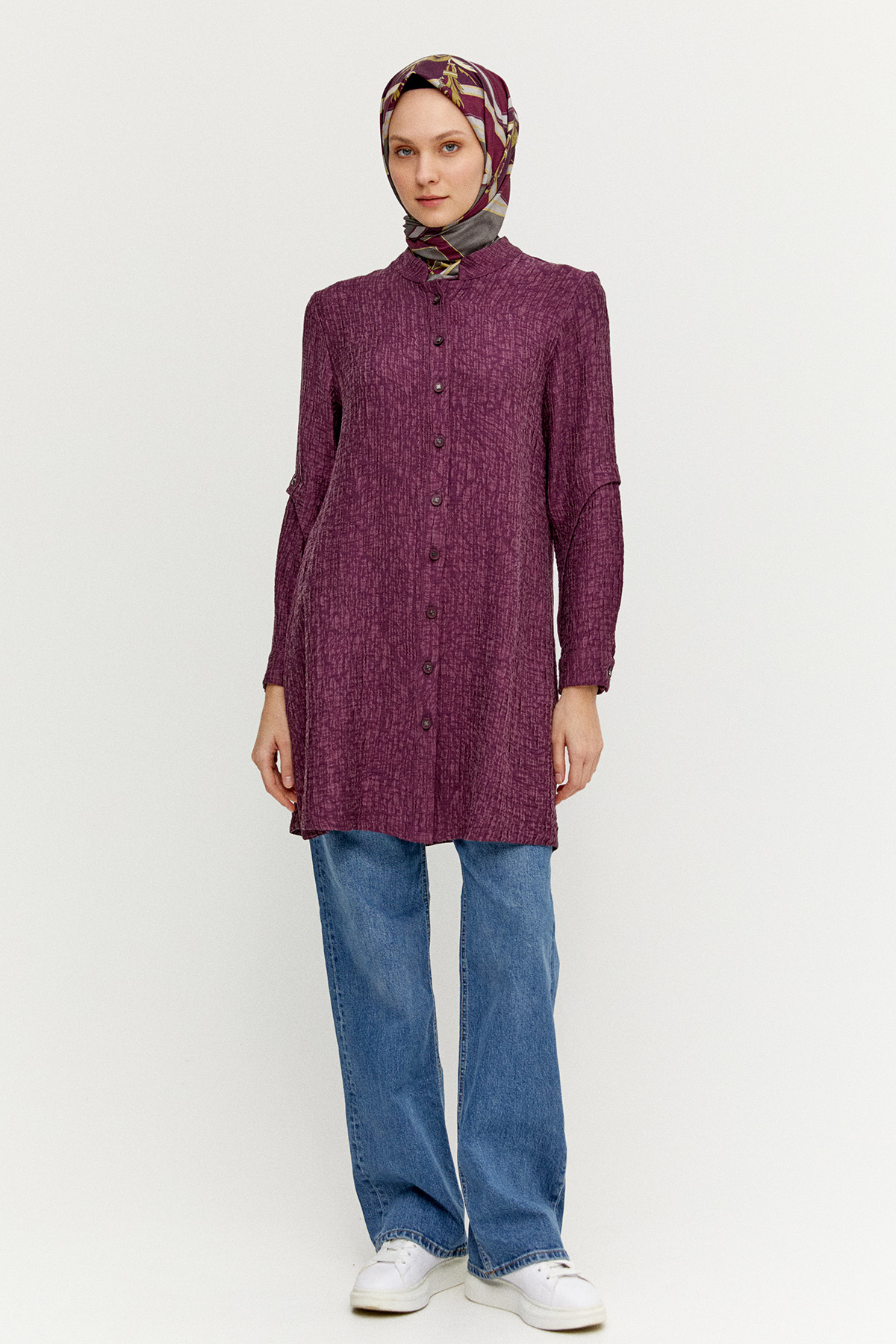 Jakarlı Kuşgözü Detaylı Hakim Yaka Tunik, Tesettür Giyim