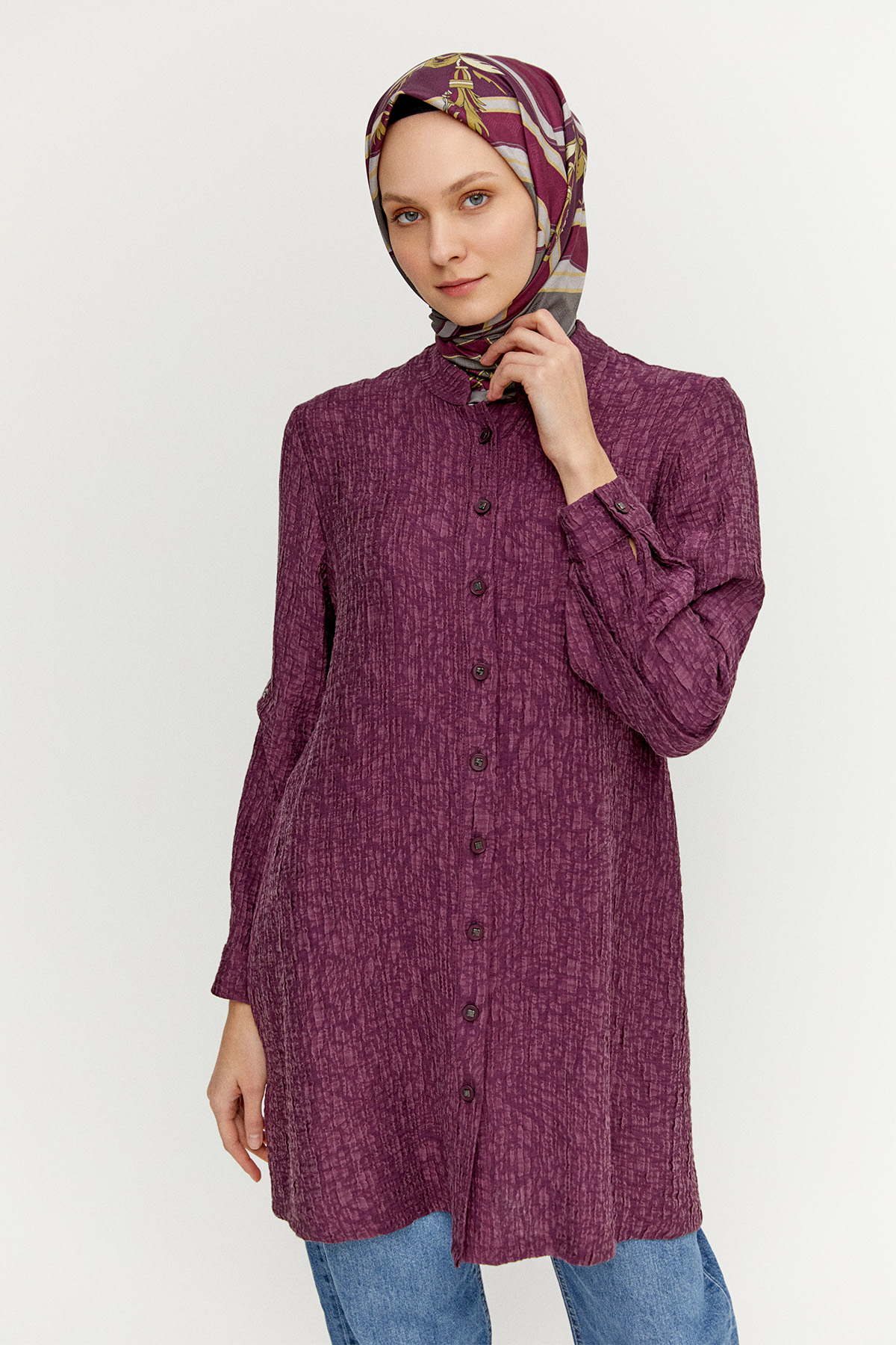 Jakarlı Kuşgözü Detaylı Hakim Yaka Tunik, Tesettür Giyim
