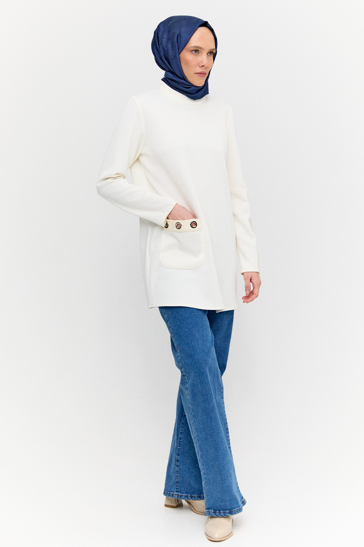 Hakim Yaka Kuşgözlü Örme Tunik, Tesettür Giyim