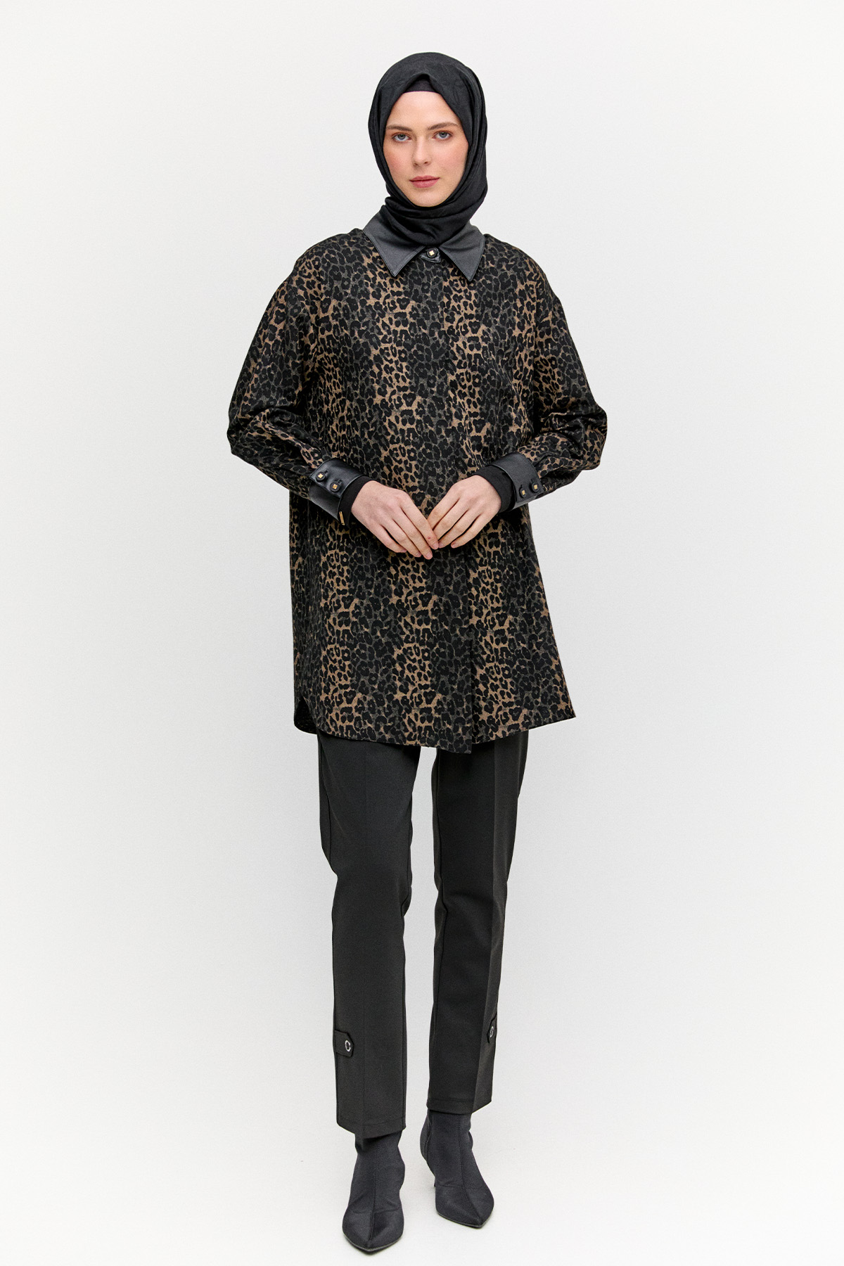 Deri Detaylı Leoparlı Tunik, Tesettür Giyim