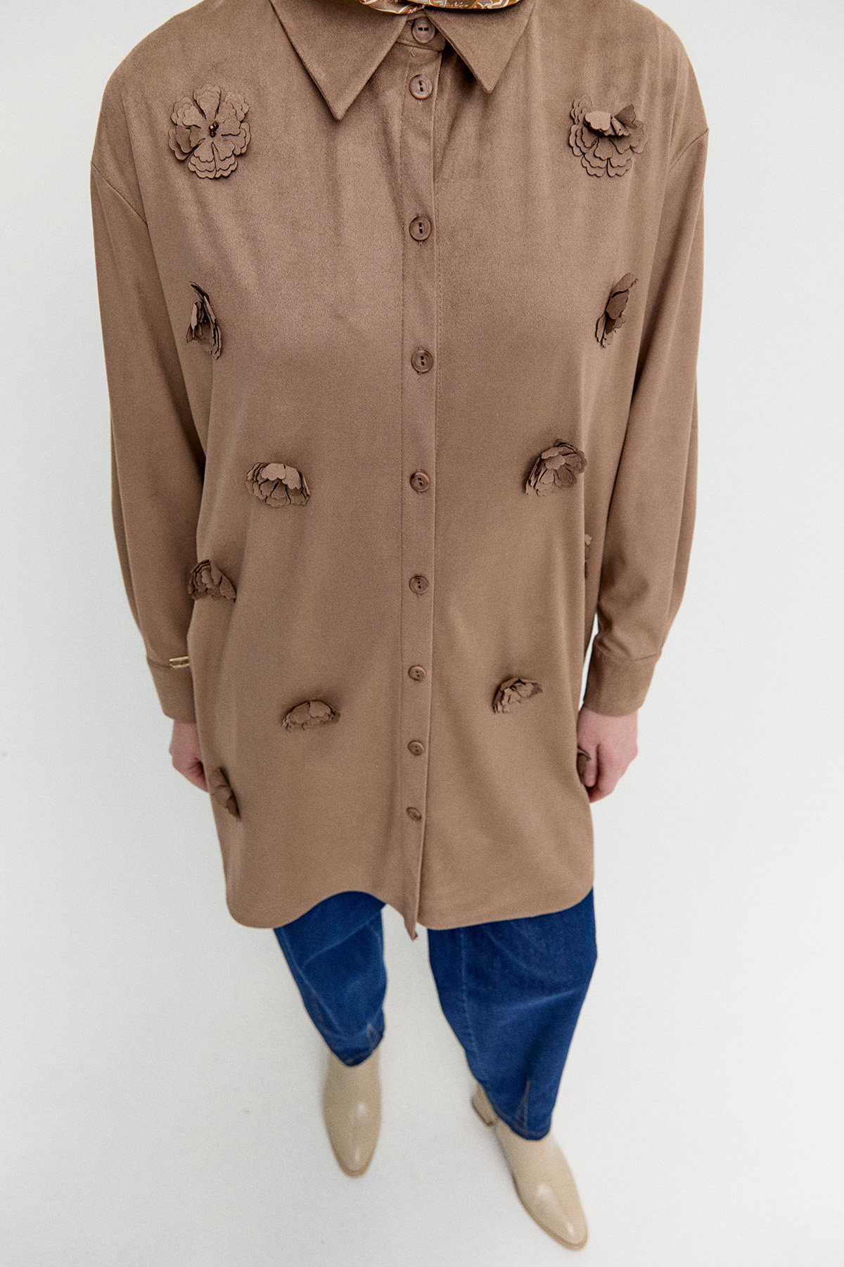 Çiçek Aplikeli Süet Dokulu Tunik, Tesettür Giyim