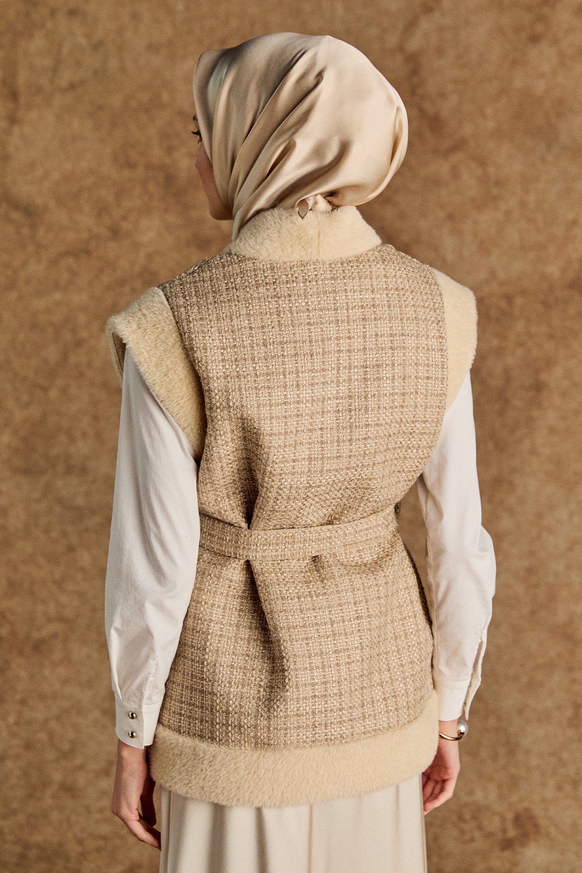 Suni Kürk Kombinli Şal Yakalı Tüvit Yelek