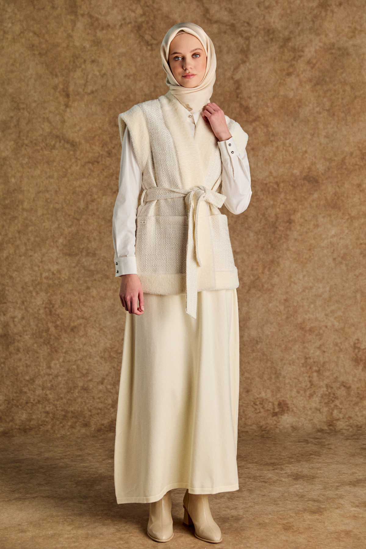 Suni Kürk Kombinli Şal Yakalı Tüvit Yelek