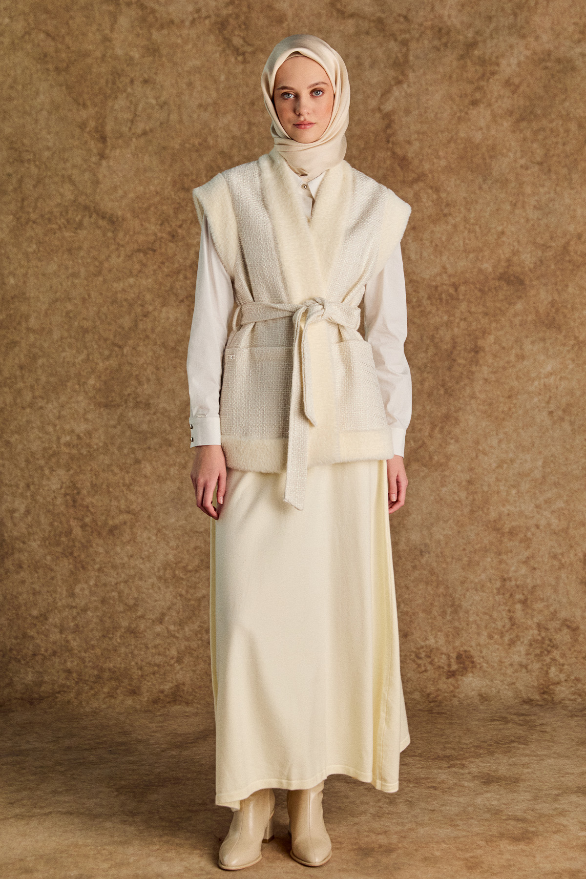 Suni Kürk Kombinli Şal Yakalı Tüvit Yelek