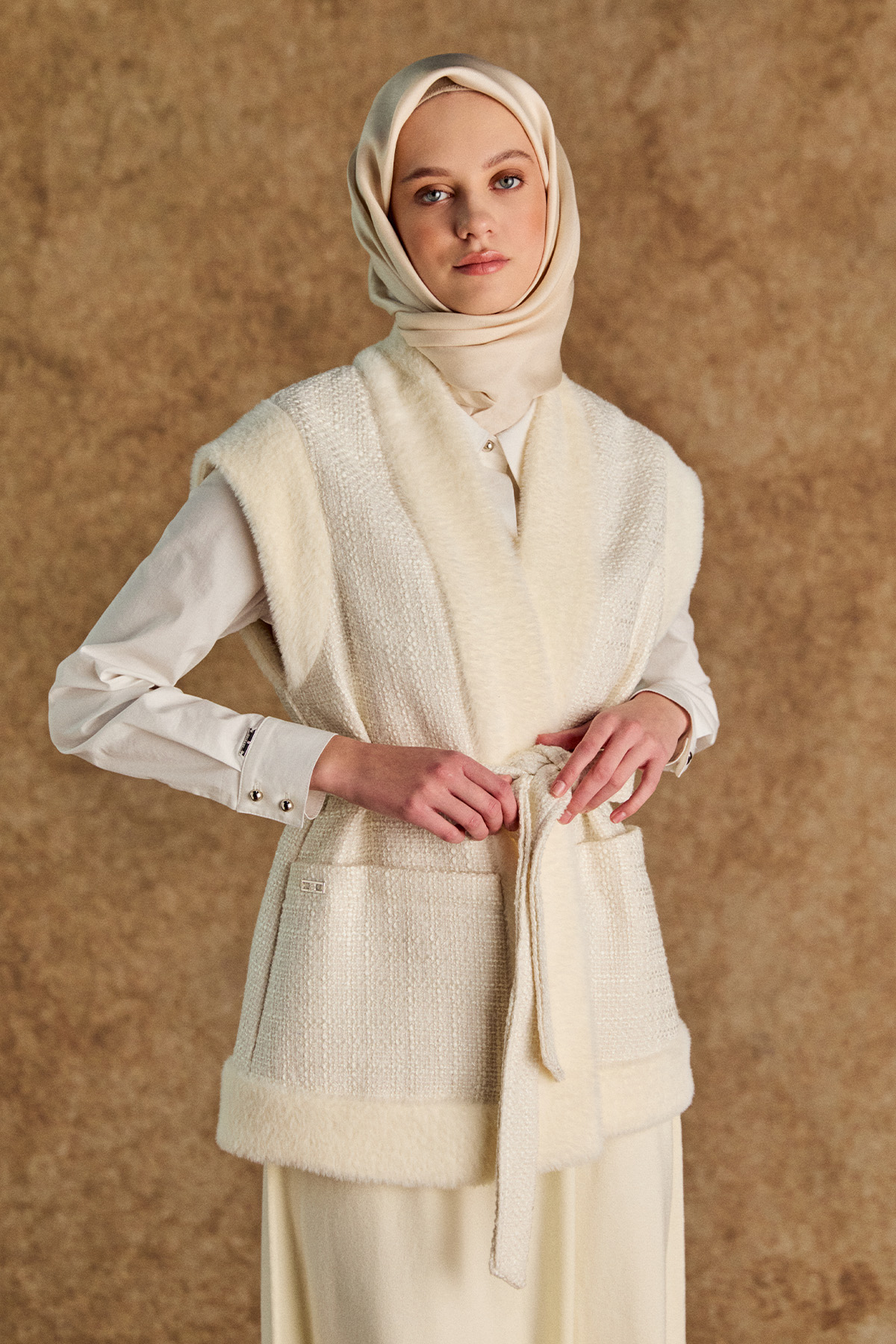 Suni Kürk Kombinli Şal Yakalı Tüvit Yelek