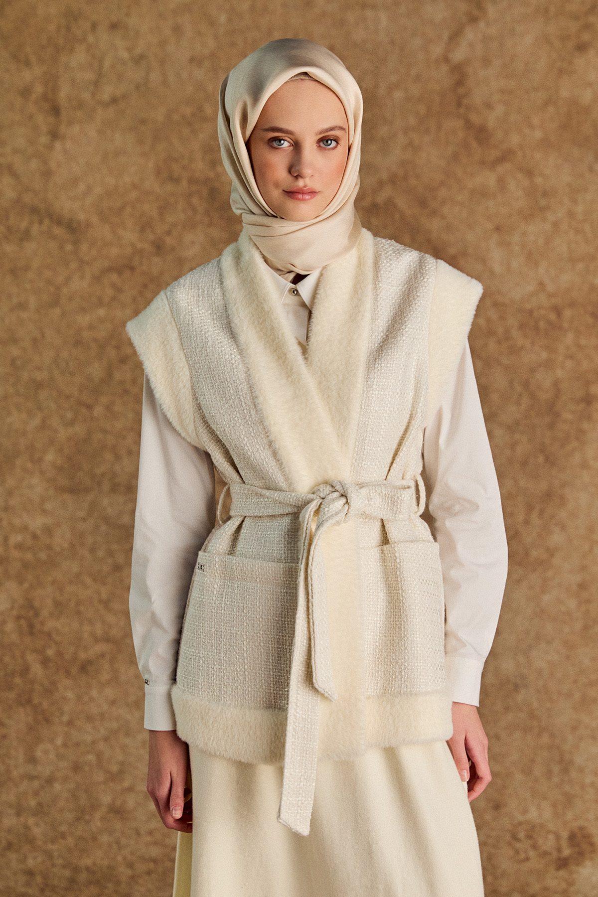 Suni Kürk Kombinli Şal Yakalı Tüvit Yelek