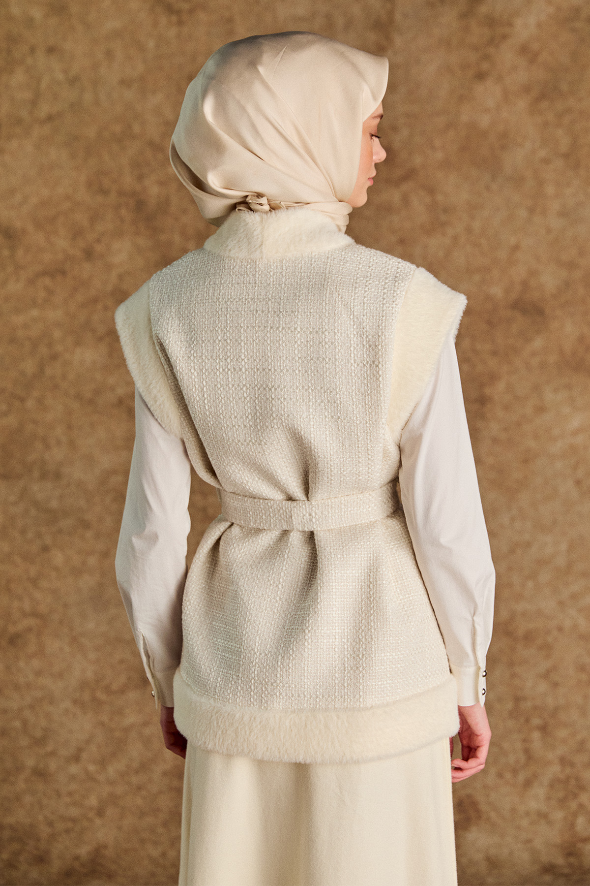 Suni Kürk Kombinli Şal Yakalı Tüvit Yelek