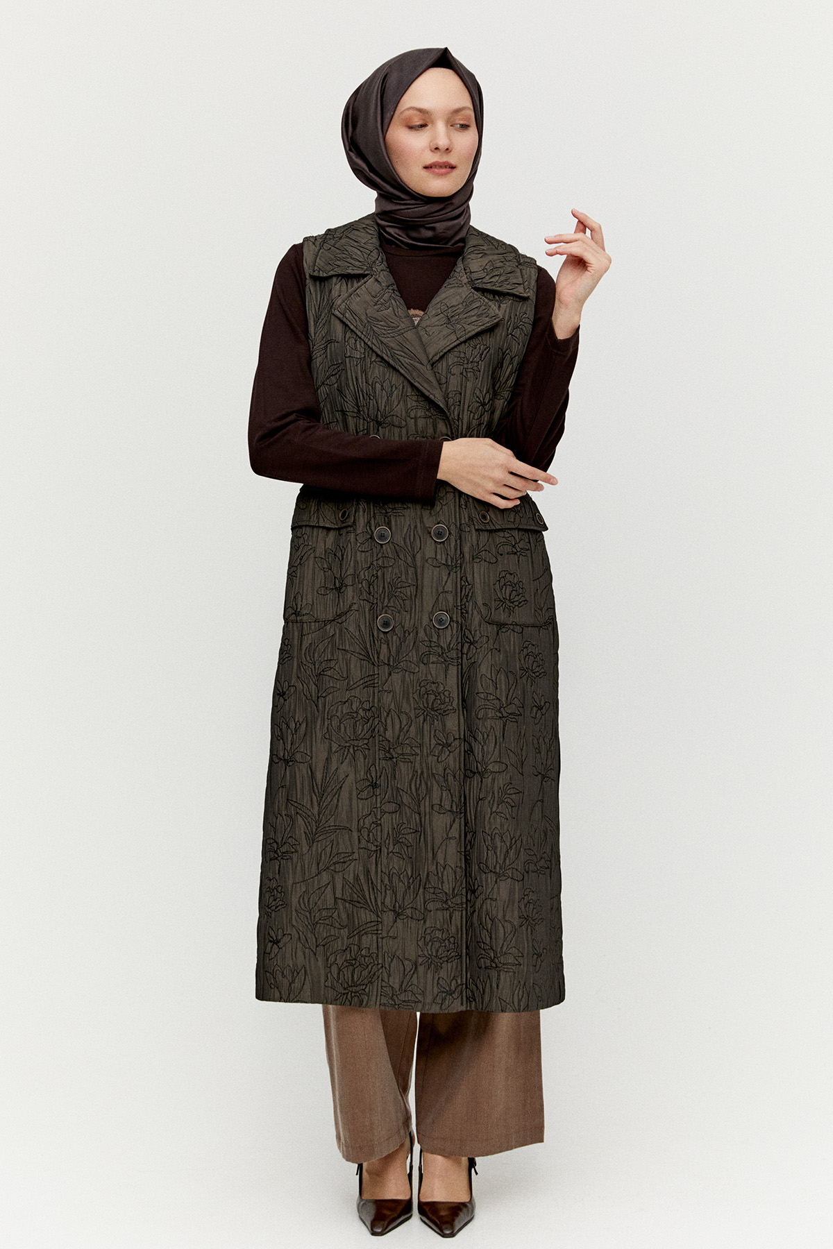 Çiçek Desenli Kruvaze Uzun Yelek