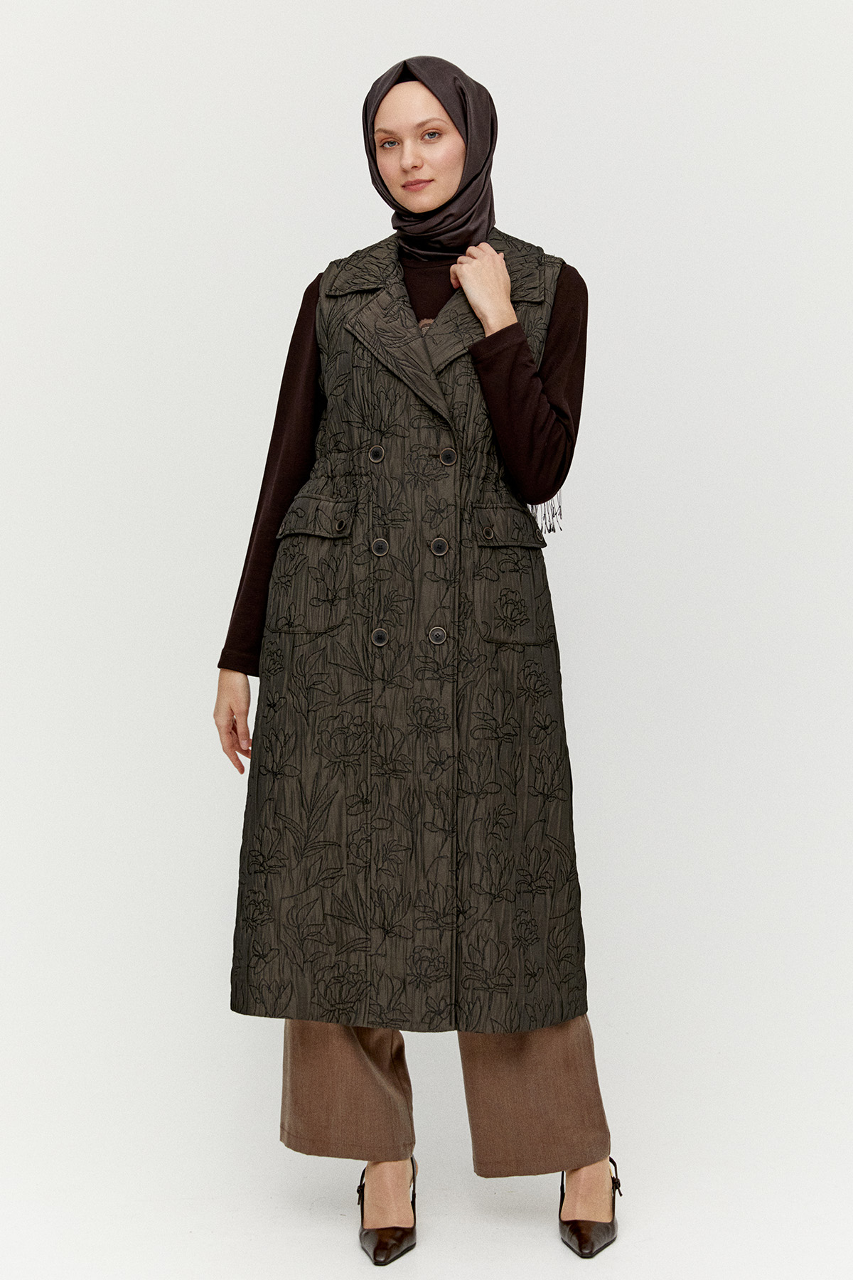 Çiçek Desenli Kruvaze Uzun Yelek