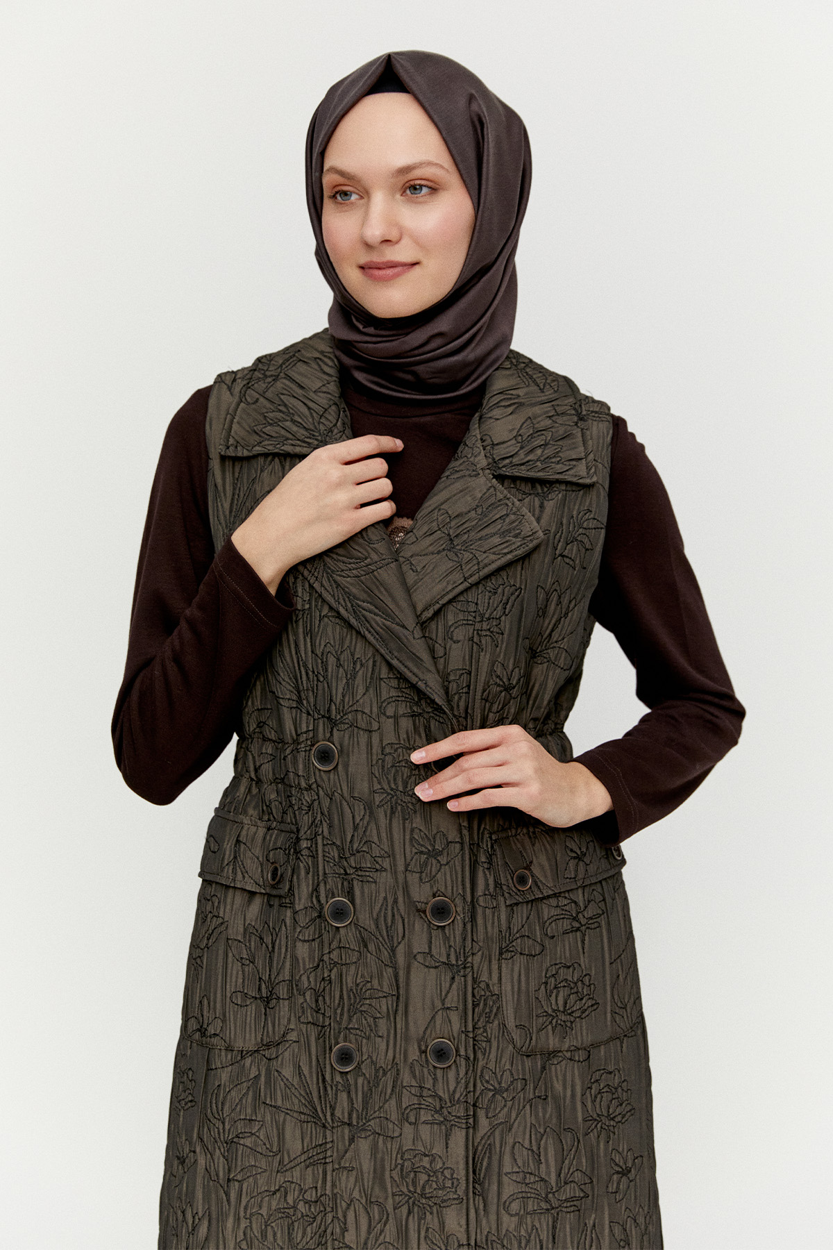 Çiçek Desenli Kruvaze Uzun Yelek