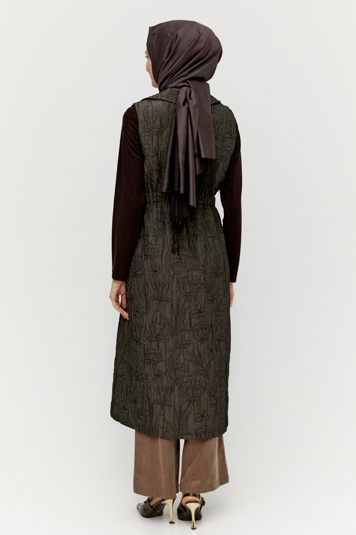 Çiçek Desenli Kruvaze Uzun Yelek