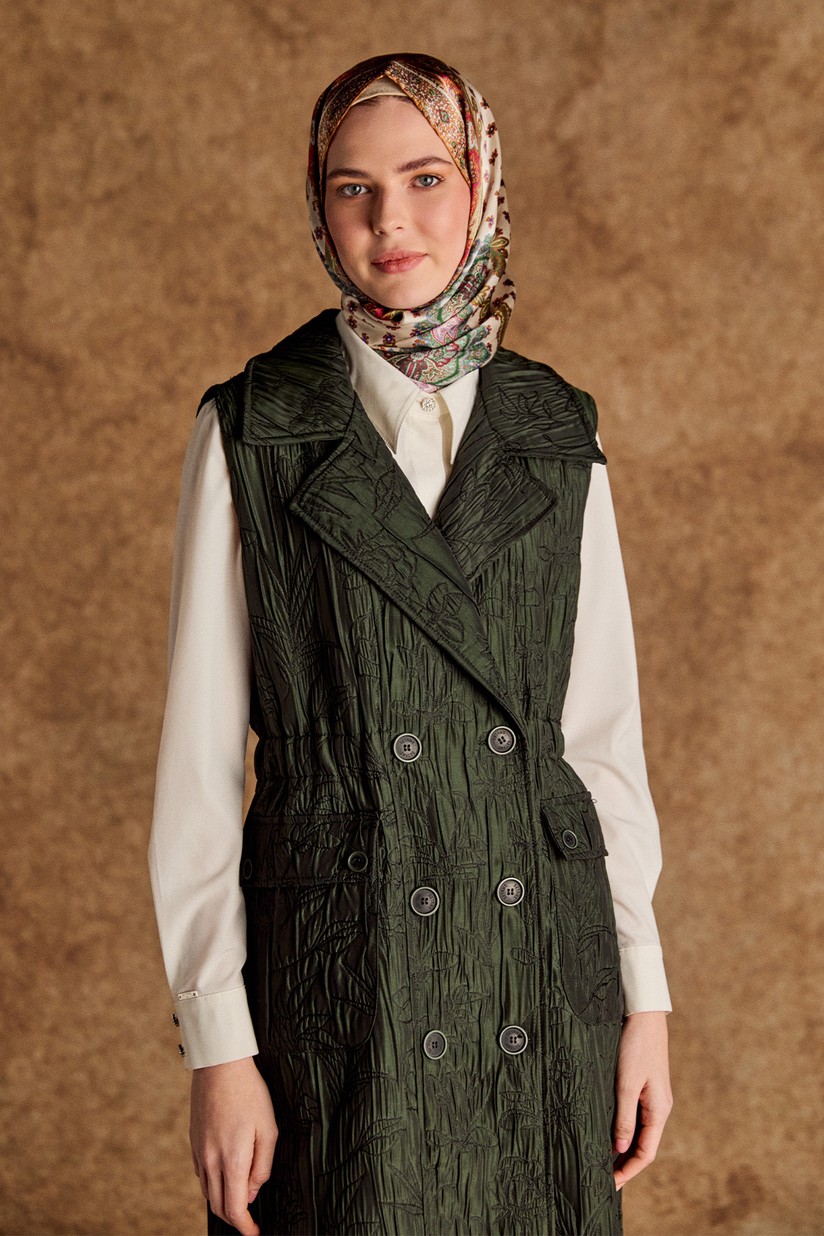 Çiçek Desenli Kruvaze Uzun Yelek