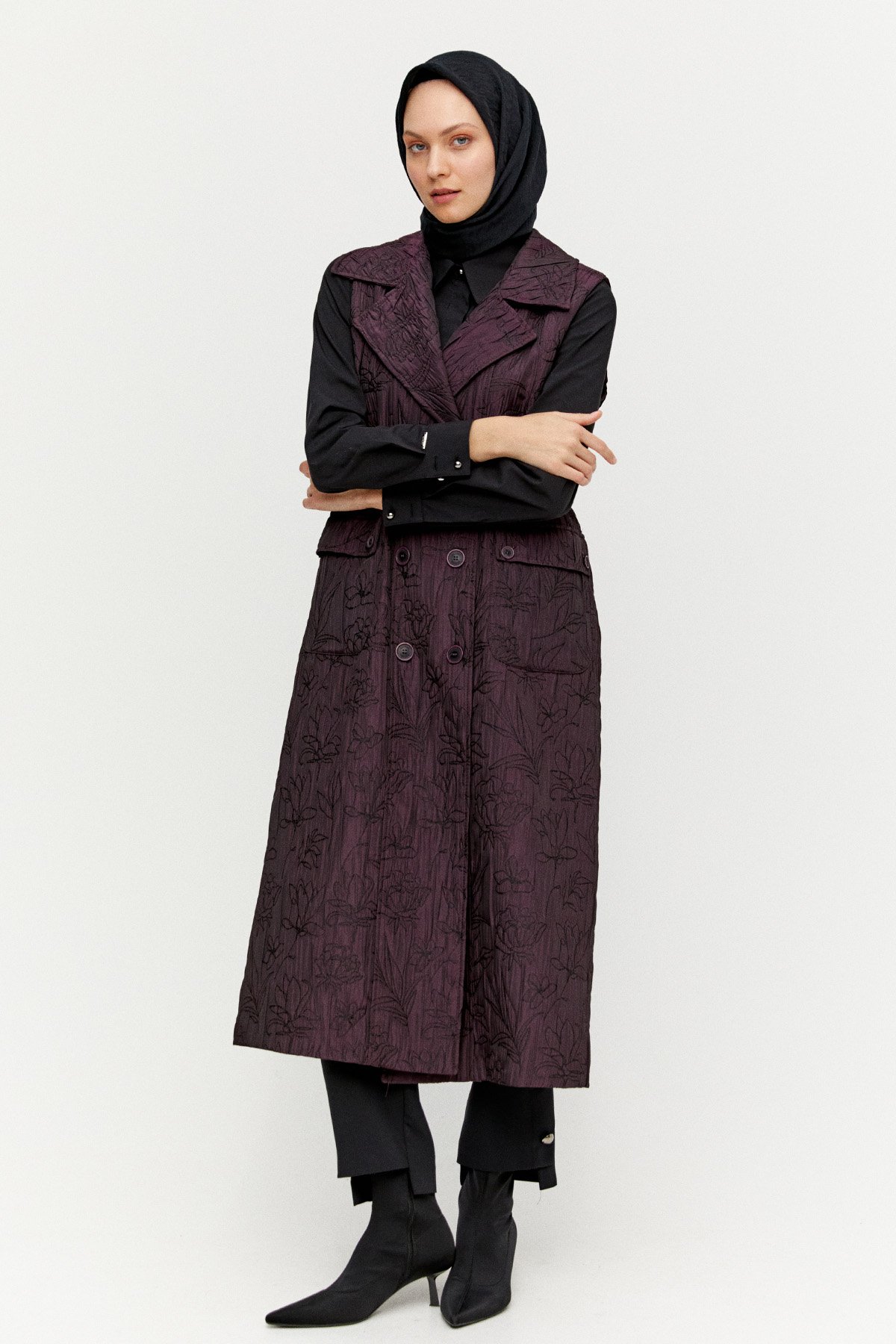 Çiçek Desenli Kruvaze Uzun Yelek