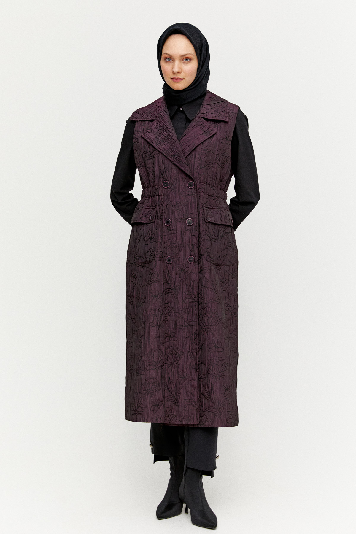 Çiçek Desenli Kruvaze Uzun Yelek