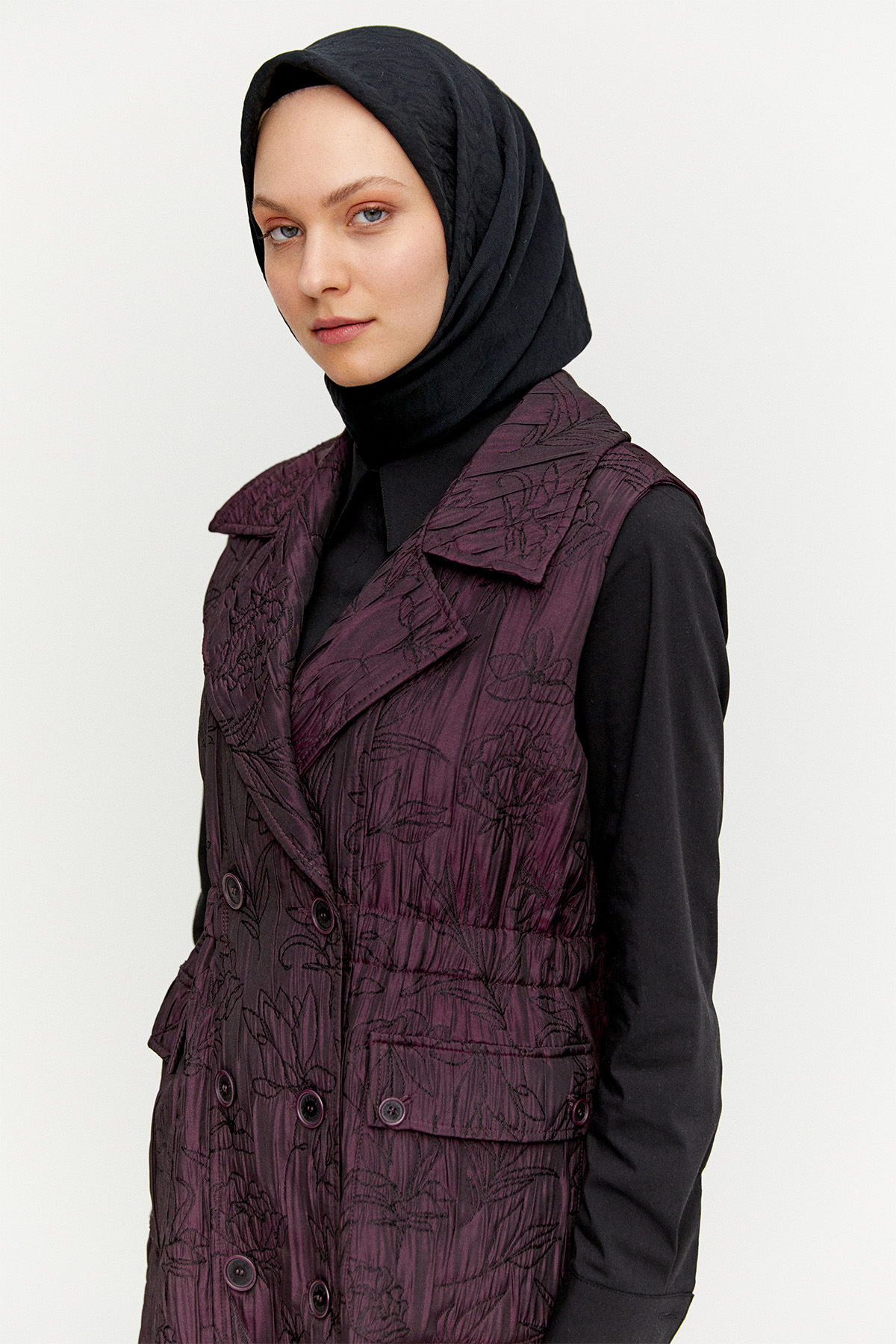 Çiçek Desenli Kruvaze Uzun Yelek