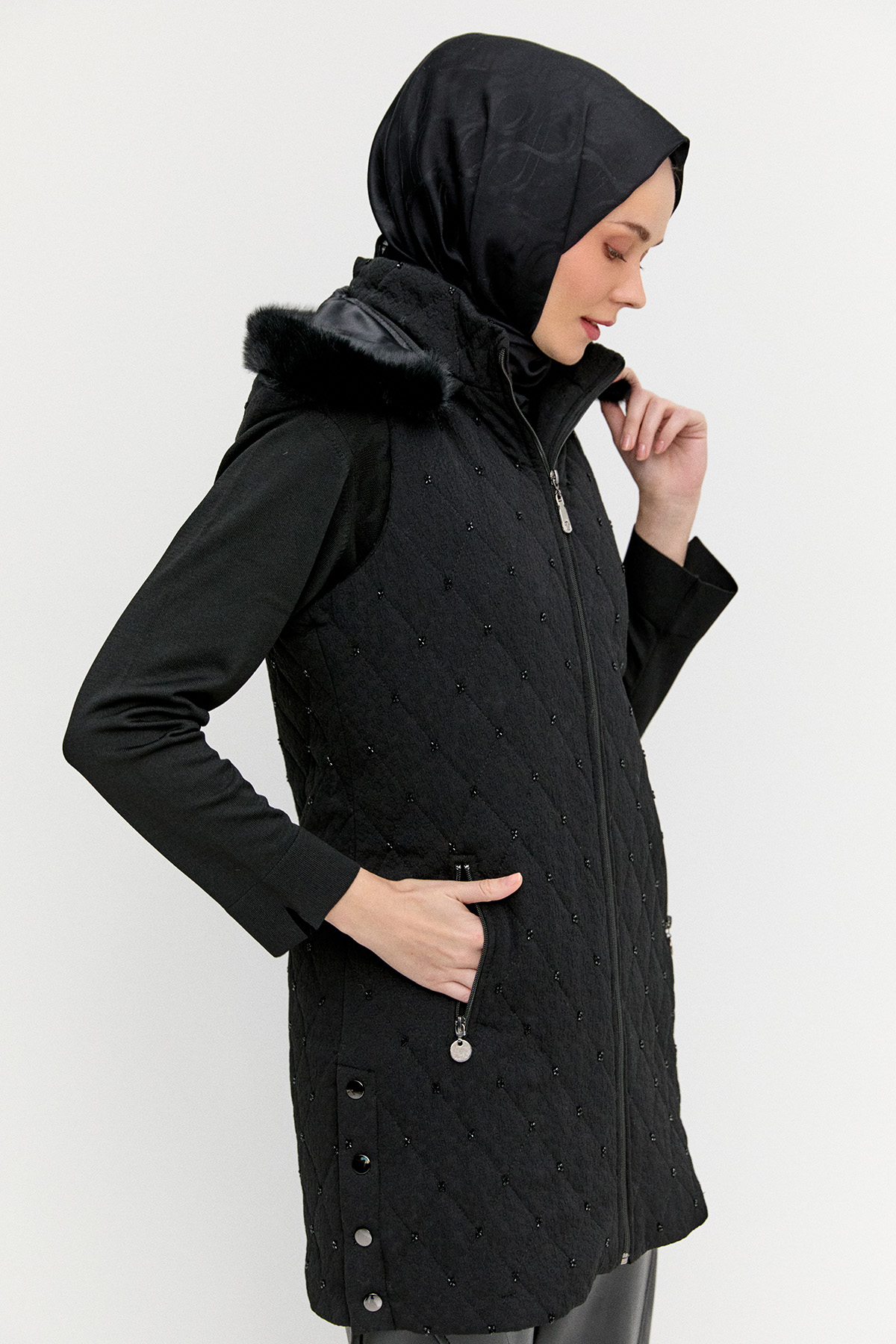 Seyyar Kapüşonlu Dokulu Yelek, Tesettür Giyim