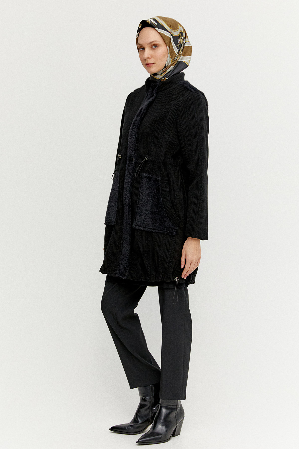 Suni Kürk Kombinli Stoperli Şardonlu Kap, Tesettür Giyim