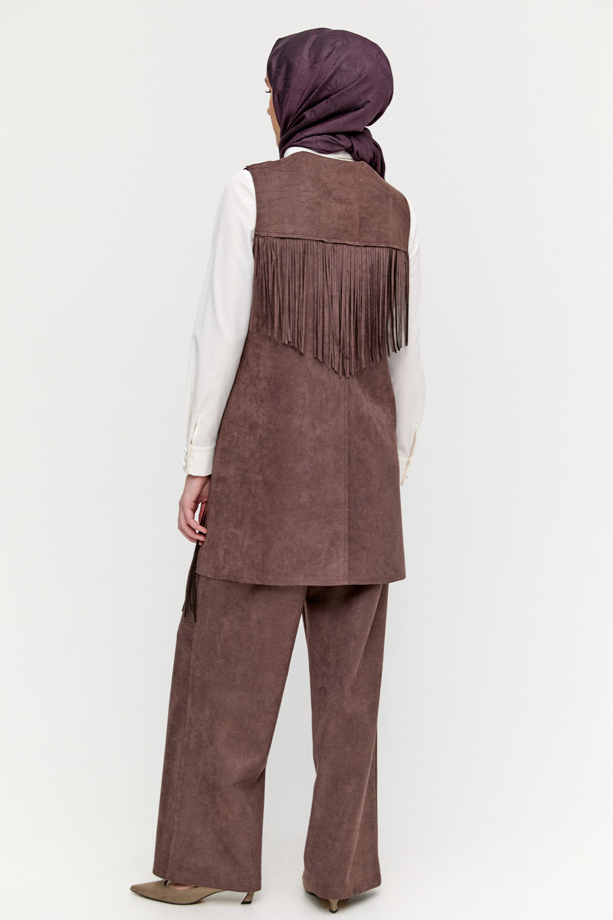 Süet Görünümlü Püsküllü Yelek, Tesettür Giyim