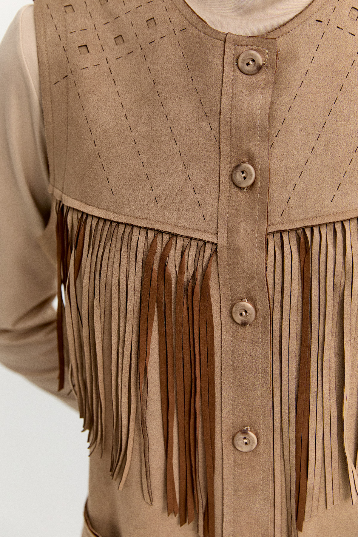 Süet Görünümlü Püsküllü Yelek, Tesettür Giyim