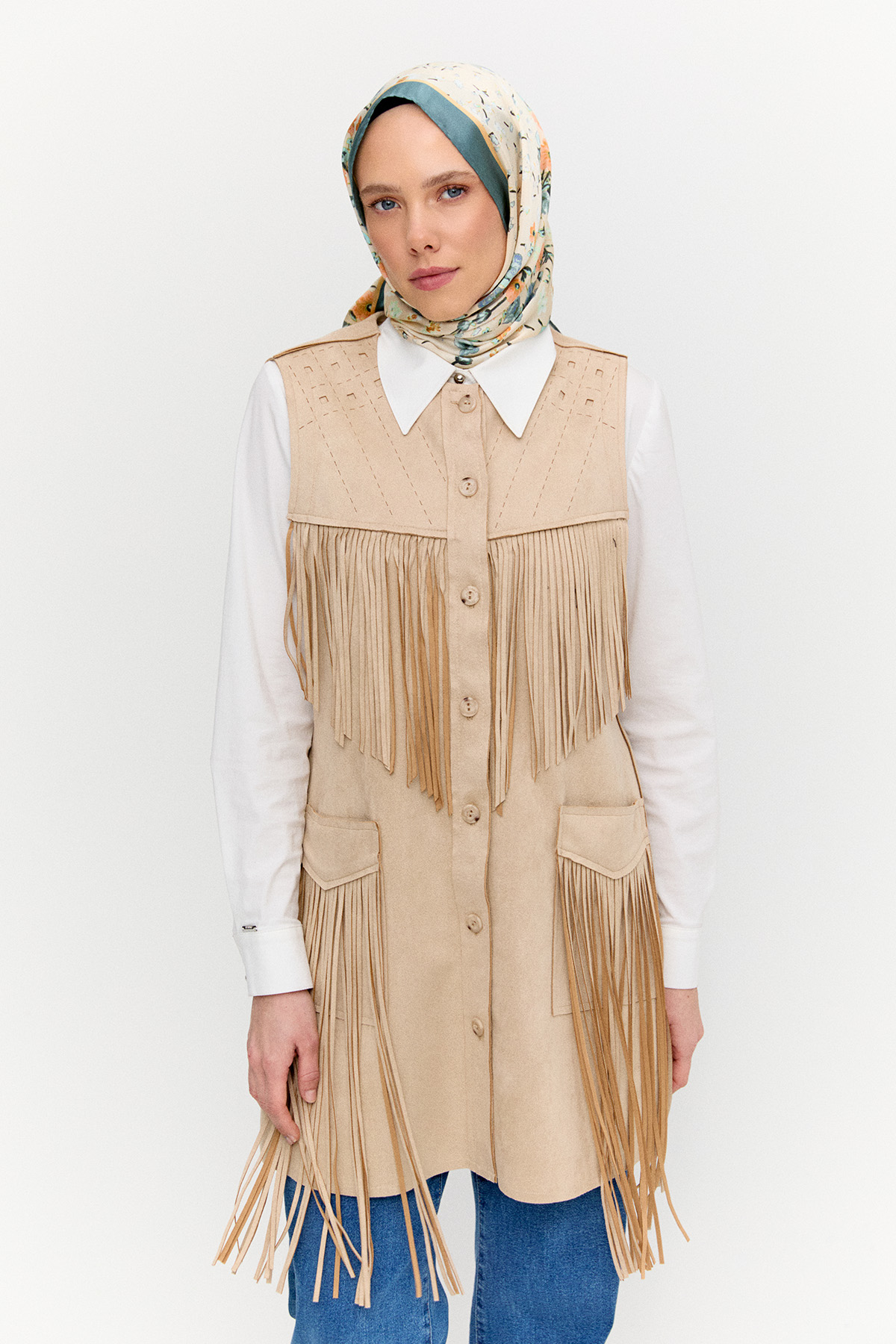 Süet Görünümlü Püsküllü Yelek, Tesettür Giyim