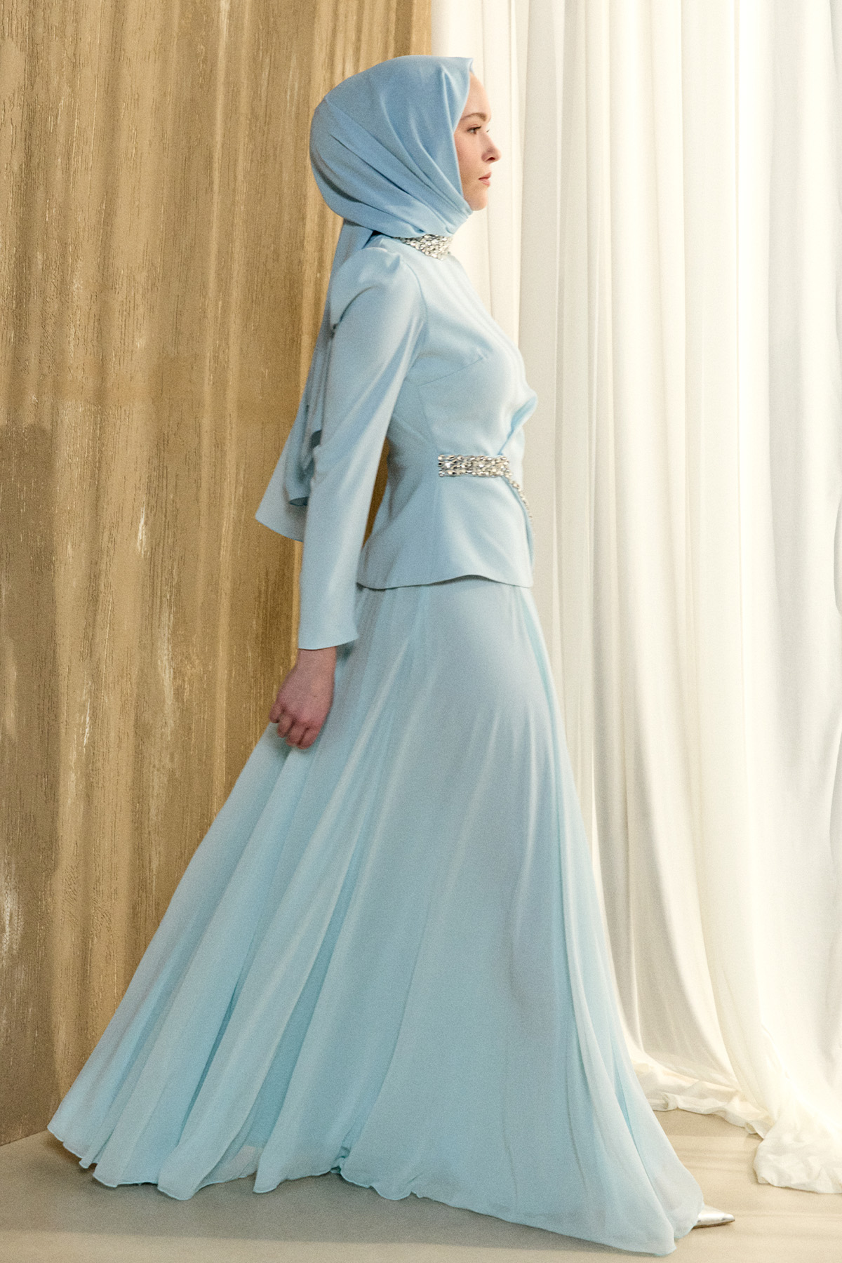 Taşlı Şifon Kombinli Abiye Elbise, Tesettür Giyim