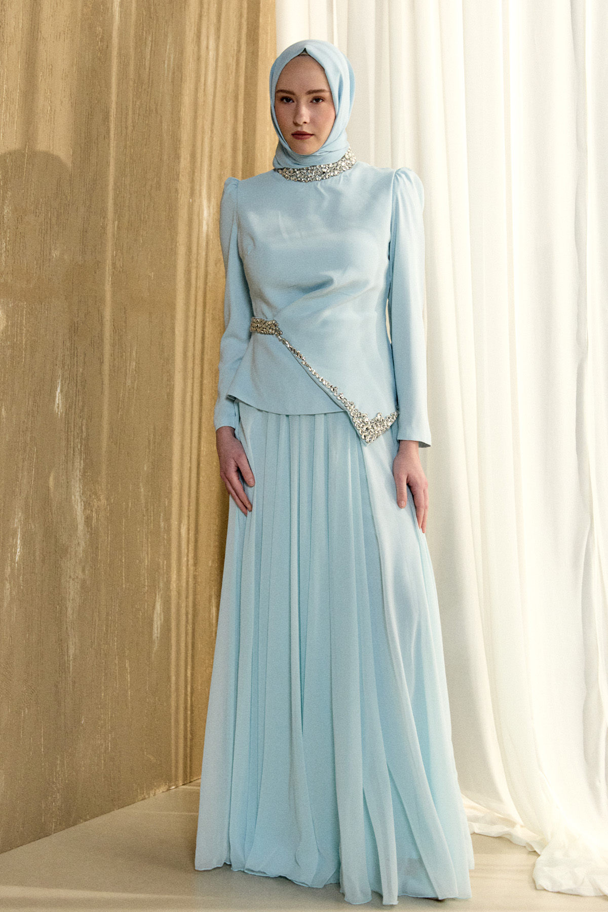 Taşlı Şifon Kombinli Abiye Elbise, Tesettür Giyim