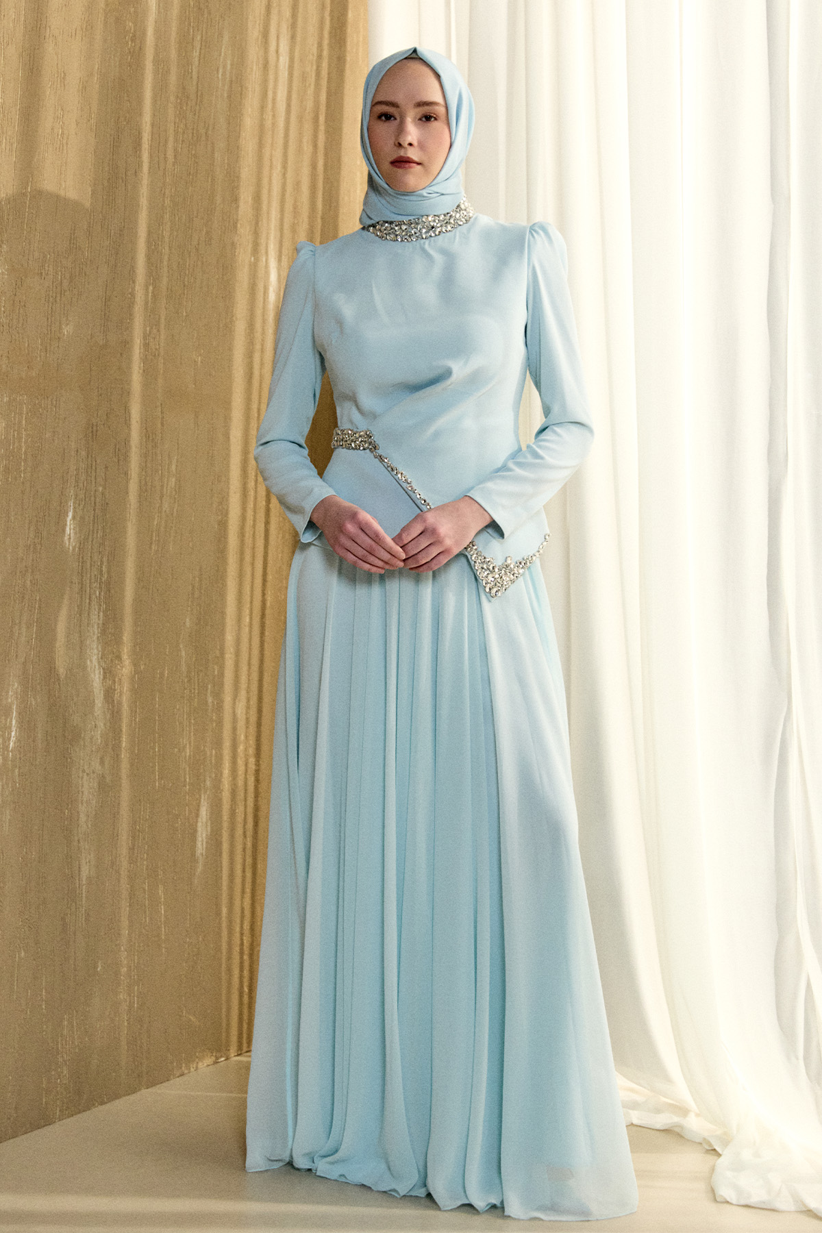 Taşlı Şifon Kombinli Abiye Elbise, Tesettür Giyim