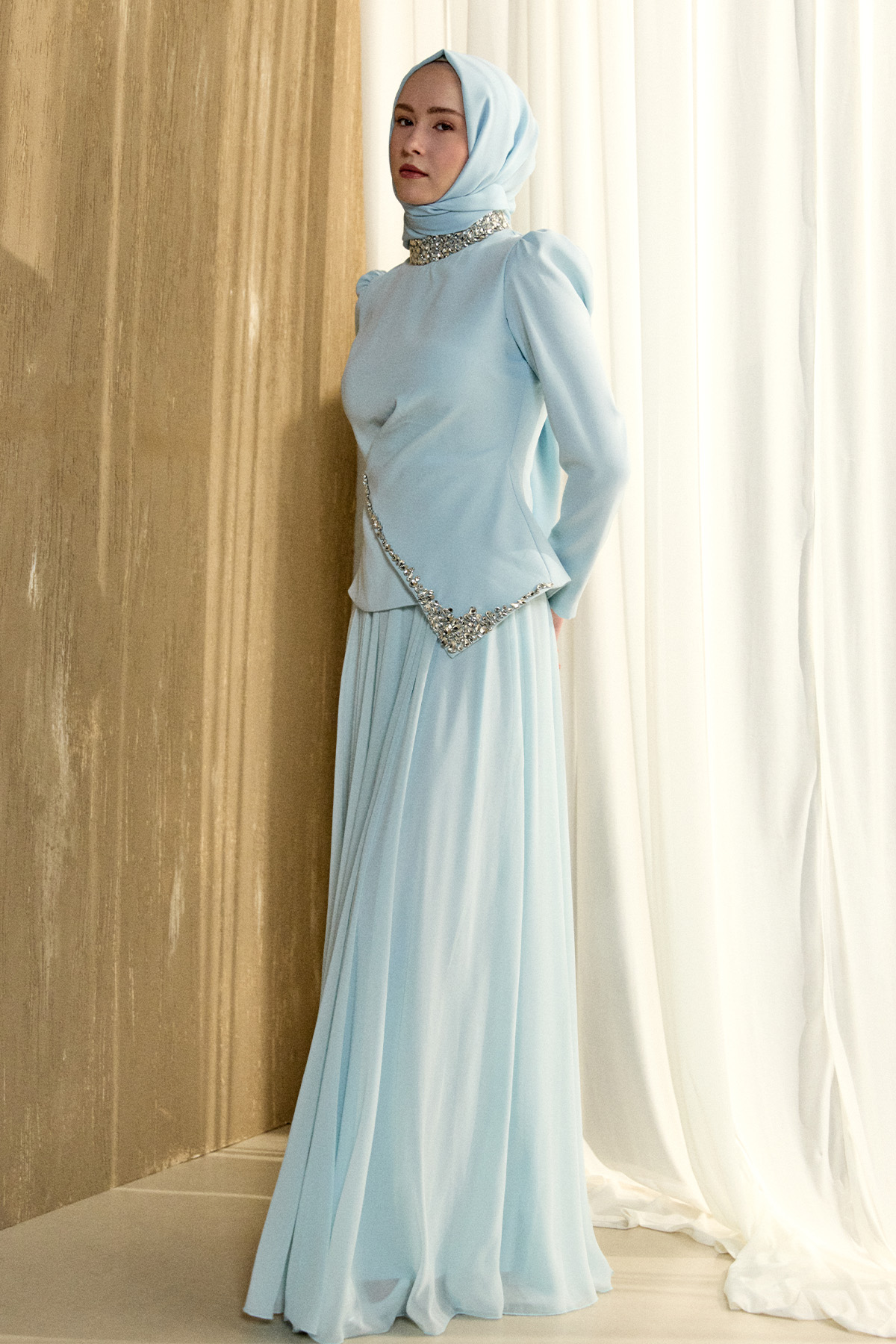 Taşlı Şifon Kombinli Abiye Elbise, Tesettür Giyim