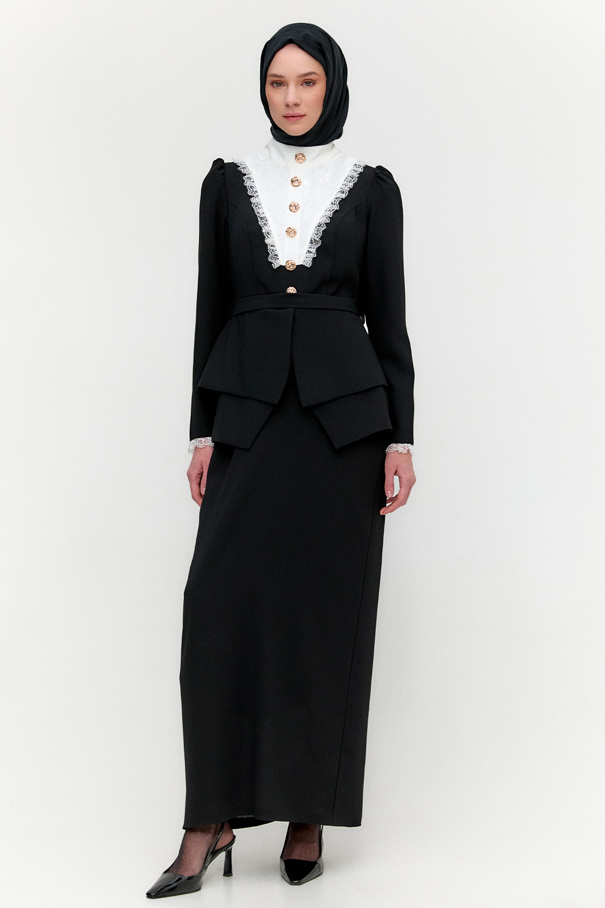 Kemerli Katmanlı Dantel Detaylı Elbise, Tesettür Giyim