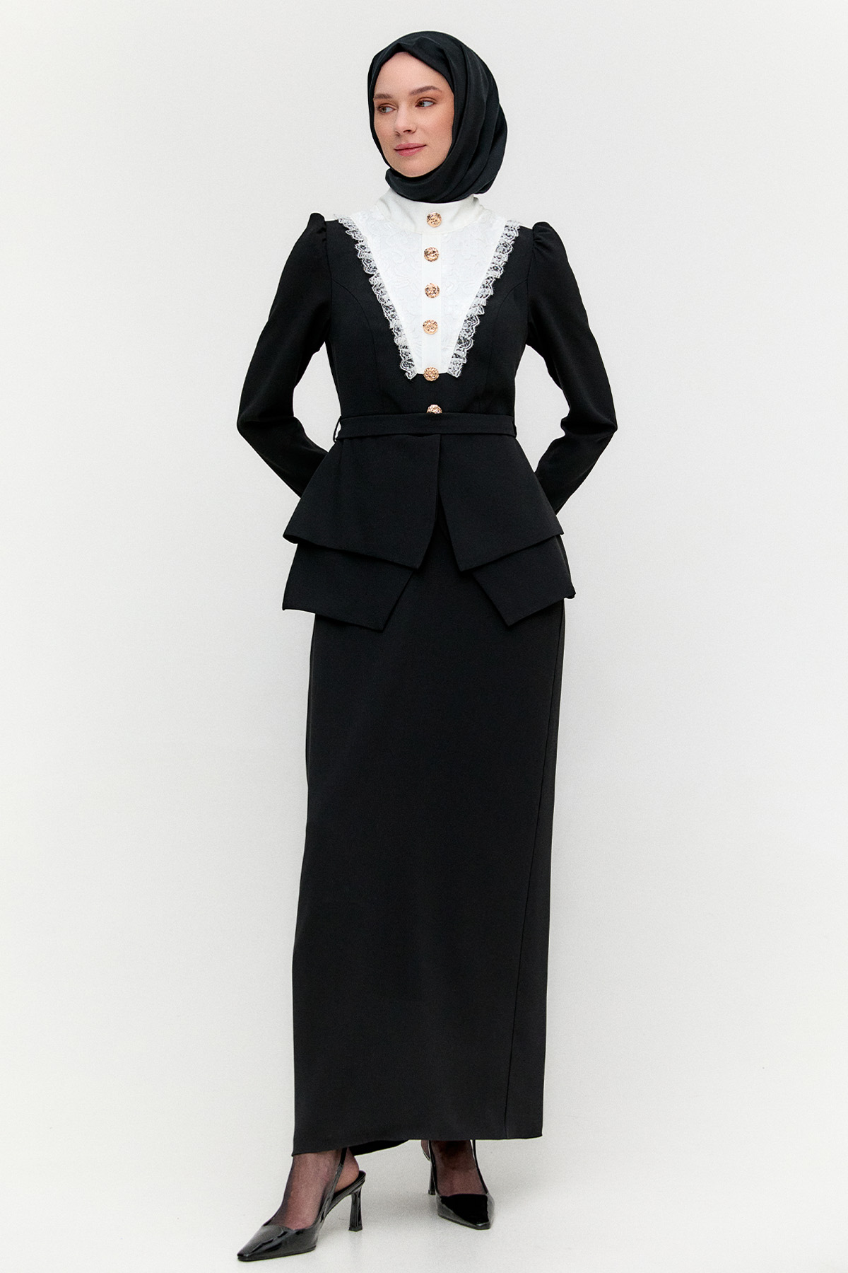 Kemerli Katmanlı Dantel Detaylı Elbise, Tesettür Giyim