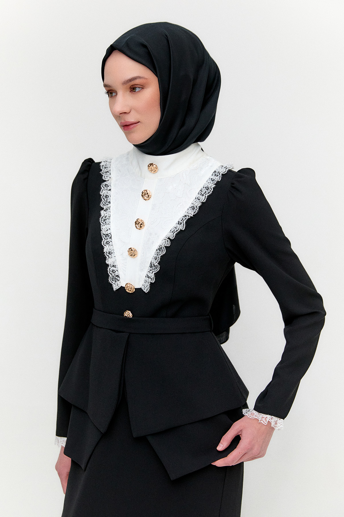 Kemerli Katmanlı Dantel Detaylı Elbise, Tesettür Giyim