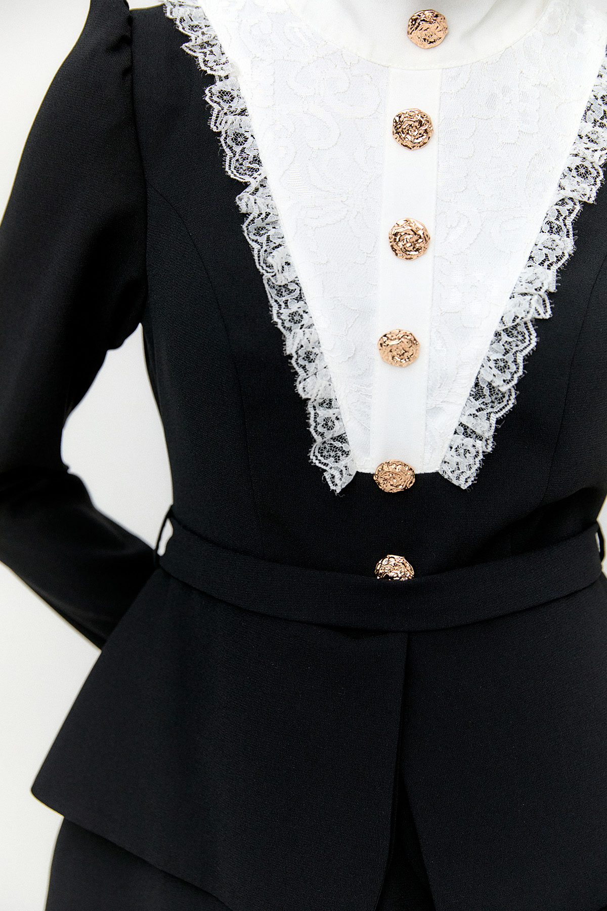 Kemerli Katmanlı Dantel Detaylı Elbise, Tesettür Giyim