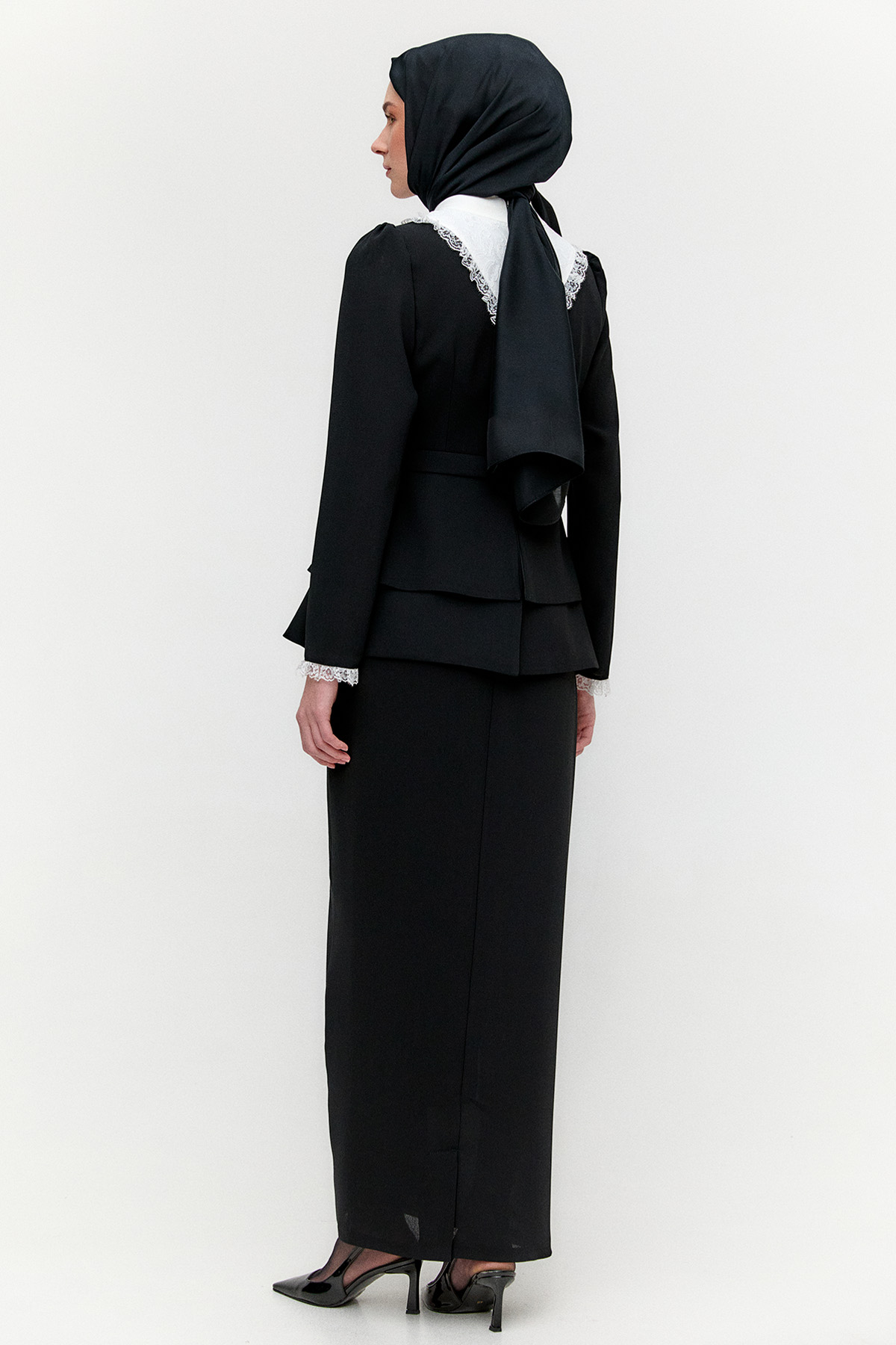 Kemerli Katmanlı Dantel Detaylı Elbise, Tesettür Giyim